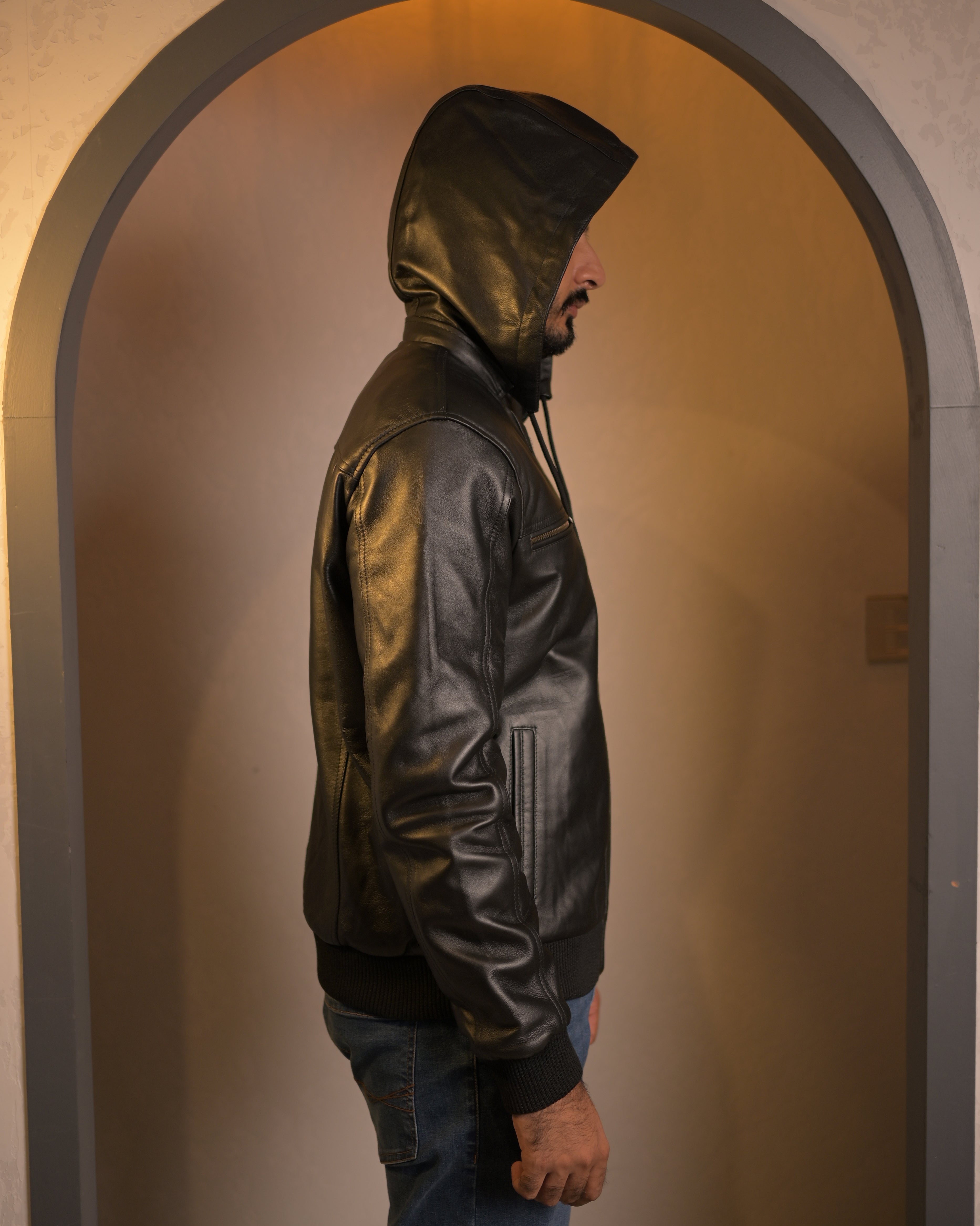 Hooded Leather Bomber Jacket SF002H