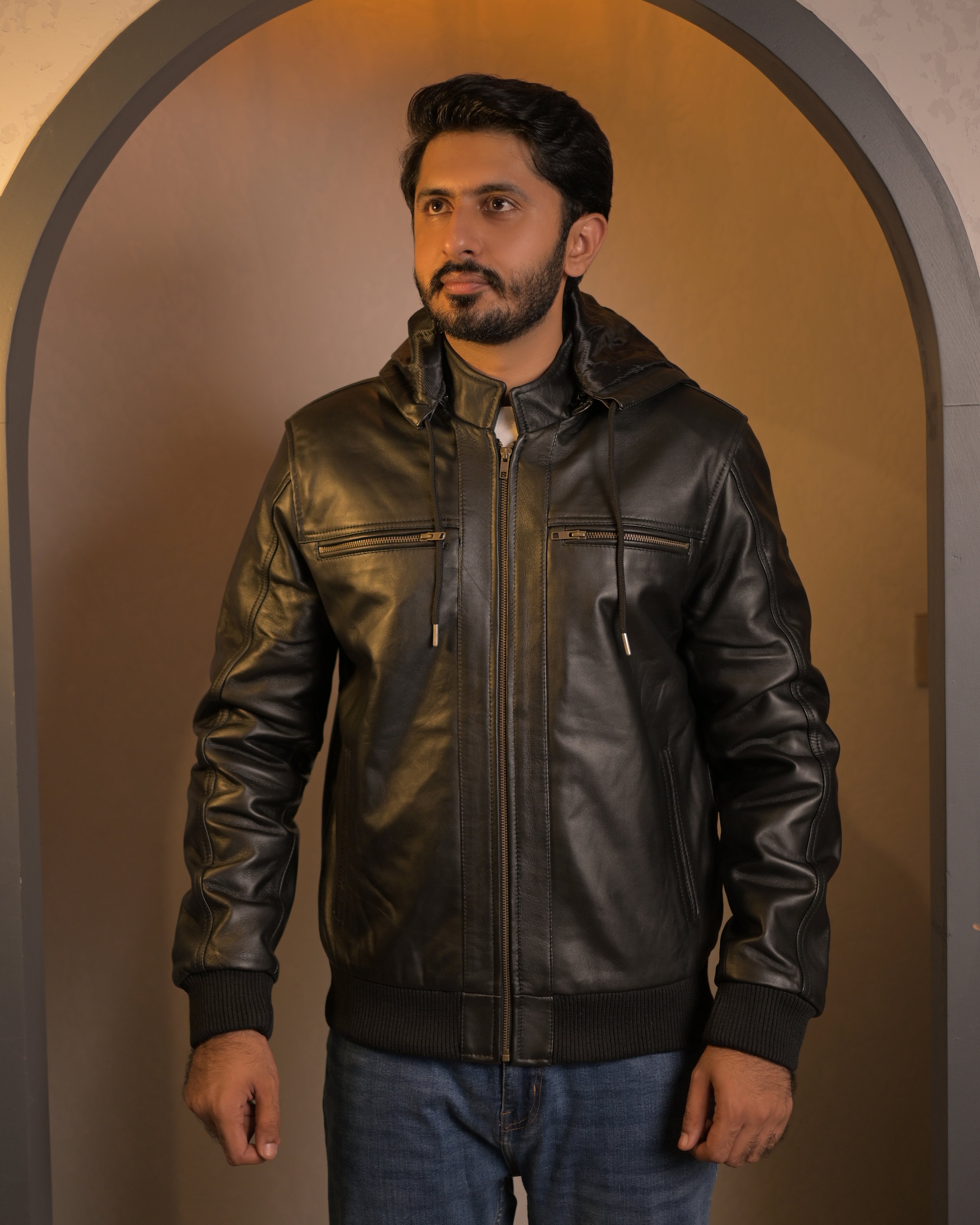 Hooded Leather Bomber Jacket SF002H