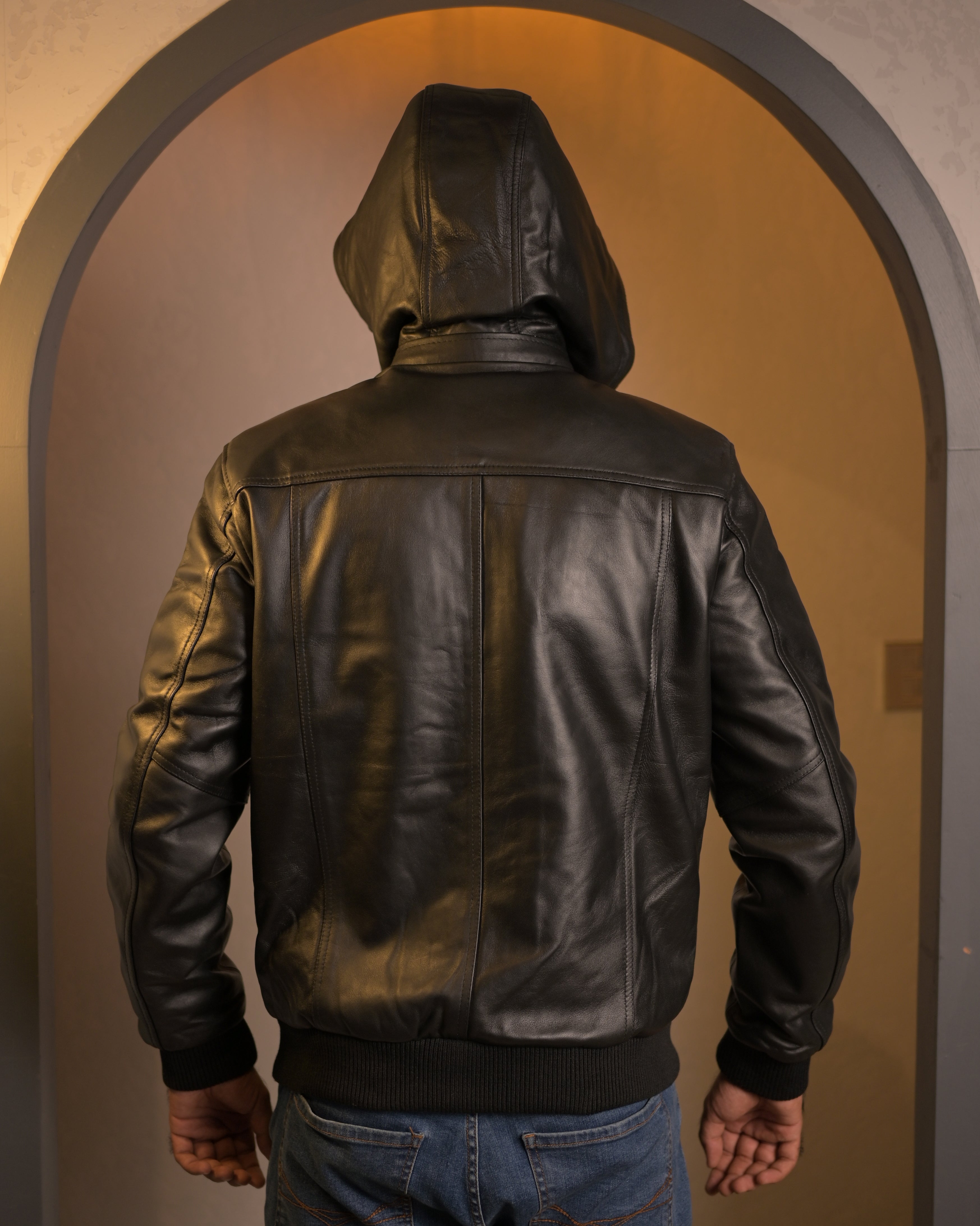 Hooded Leather Bomber Jacket SF002H