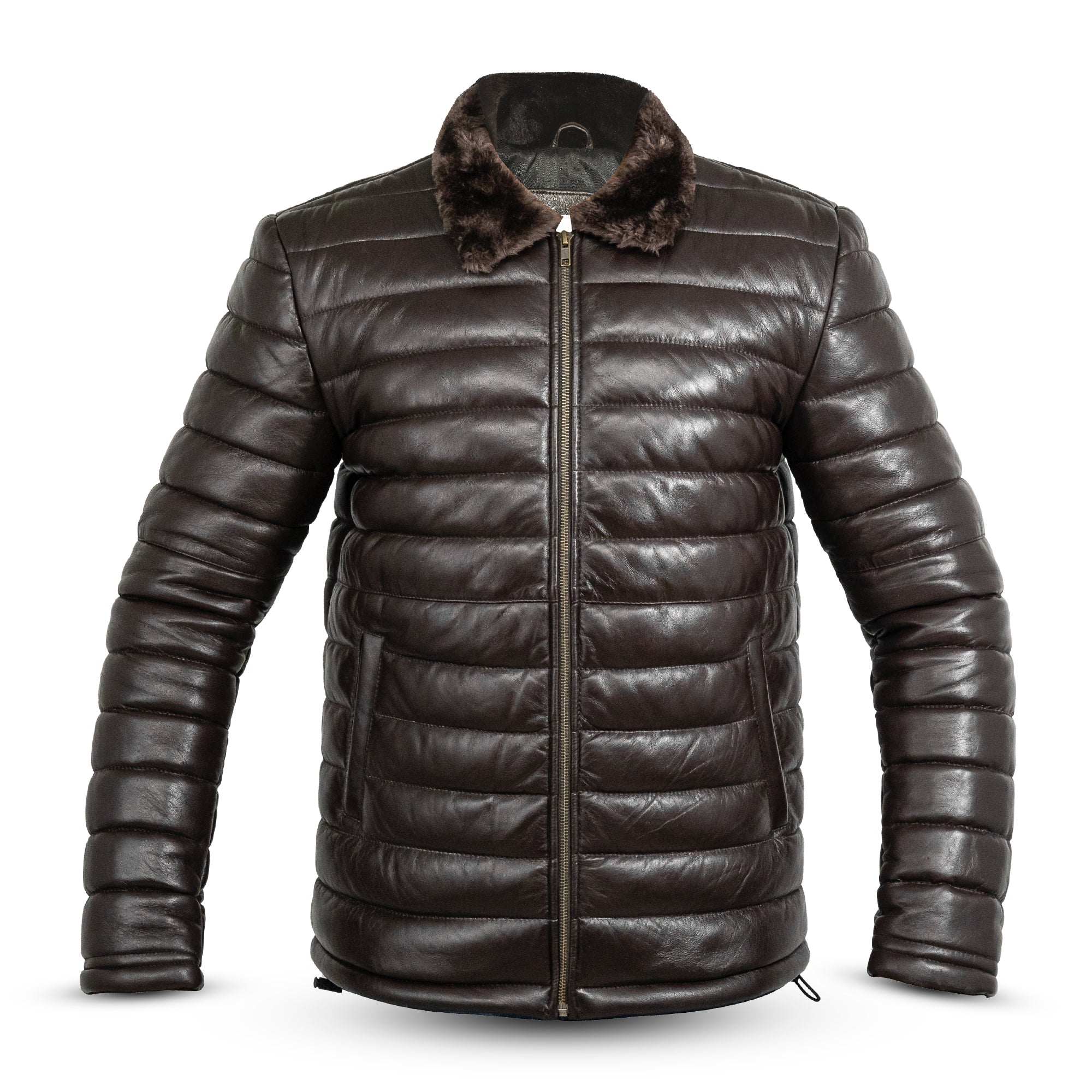 Lamb Skin Leather Puffer Jacket | Dark Brown
