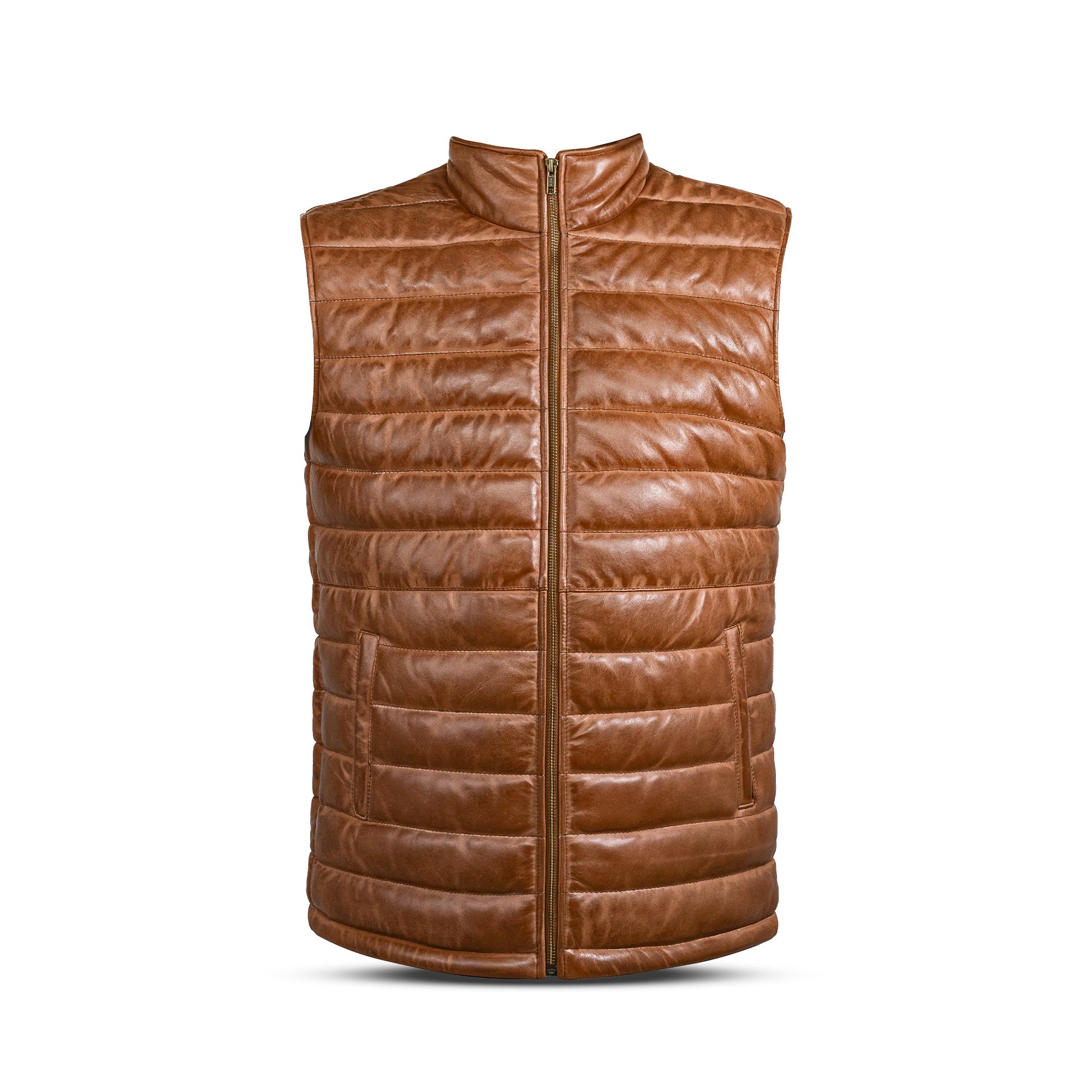 Lamb Skin Leather Puffer Vest | Mustard