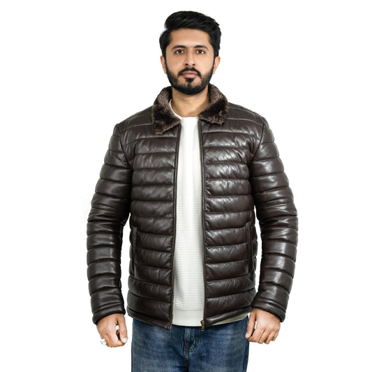 Lamb Skin Leather Puffer Jacket | Dark Brown