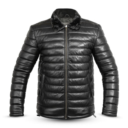 Lamb Skin Leather Puffer Jacket | Black