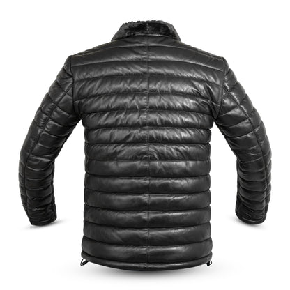 Lamb Skin Leather Puffer Jacket | Black