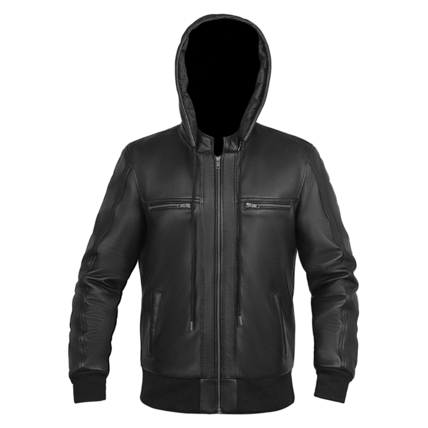 Nintenzo Black Hooded Leather Bomber Jacket