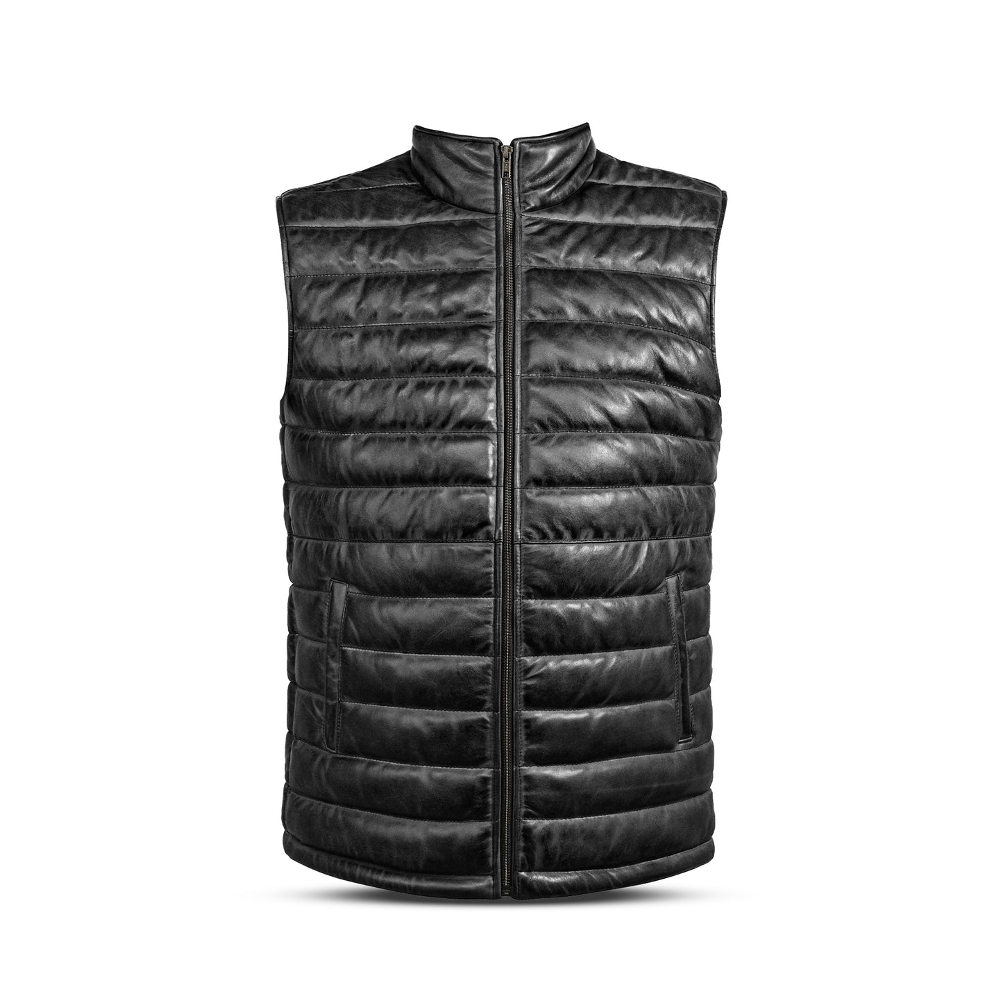 Lamb Skin Leather Puffer Vest | Black