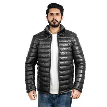 Lamb Skin Leather Puffer Jacket | Black