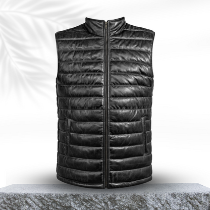 Lamb Skin Leather Puffer Vest | Black