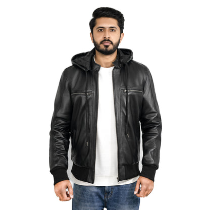 Nintenzo Black Hooded Leather Bomber Jacket