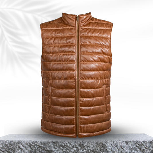 Lamb Skin Leather Puffer Vest | Mustard