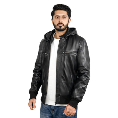 Nintenzo Black Hooded Leather Bomber Jacket