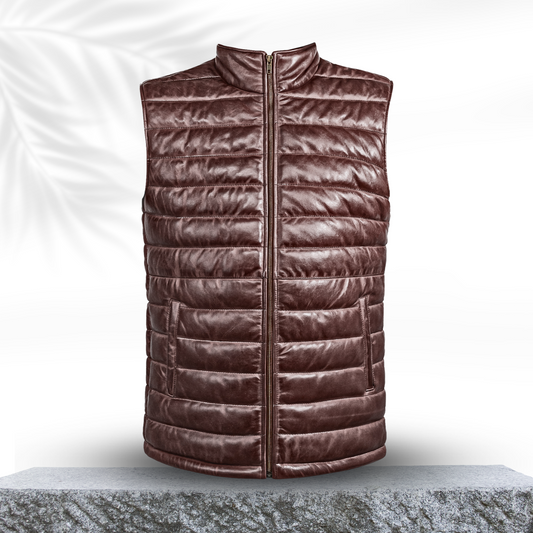 Lamb Skin Leather Puffer Vest | Dark Brown