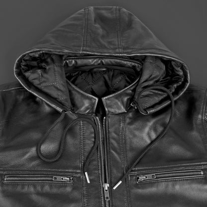 Nintenzo Black Hooded Leather Bomber Jacket