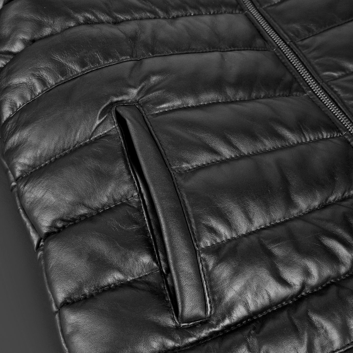 Lamb Skin Leather Puffer Jacket | Black