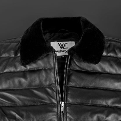 Lamb Skin Leather Puffer Jacket | Black