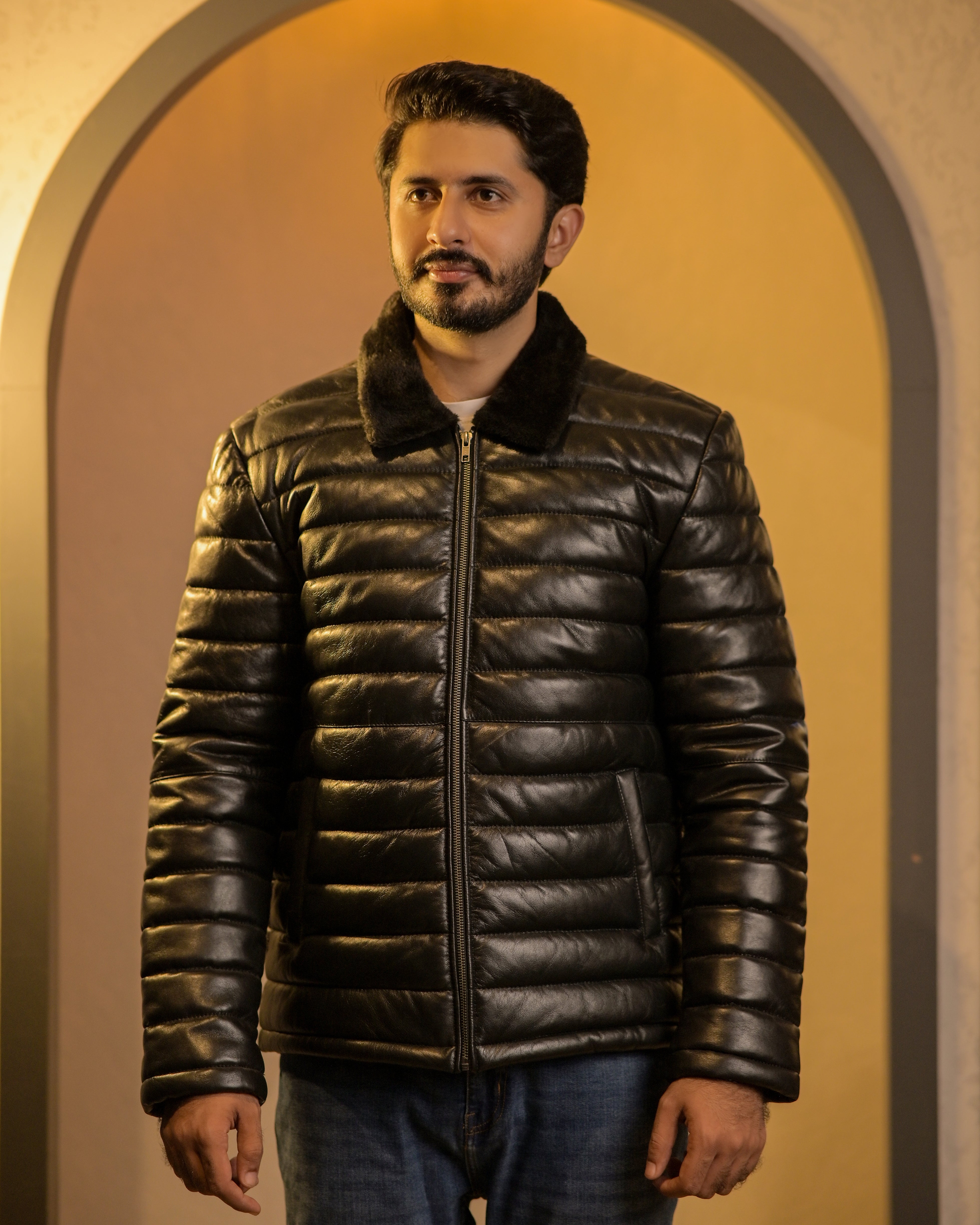 Lamb Skin Leather Puffer Jacket Sf004 (black)