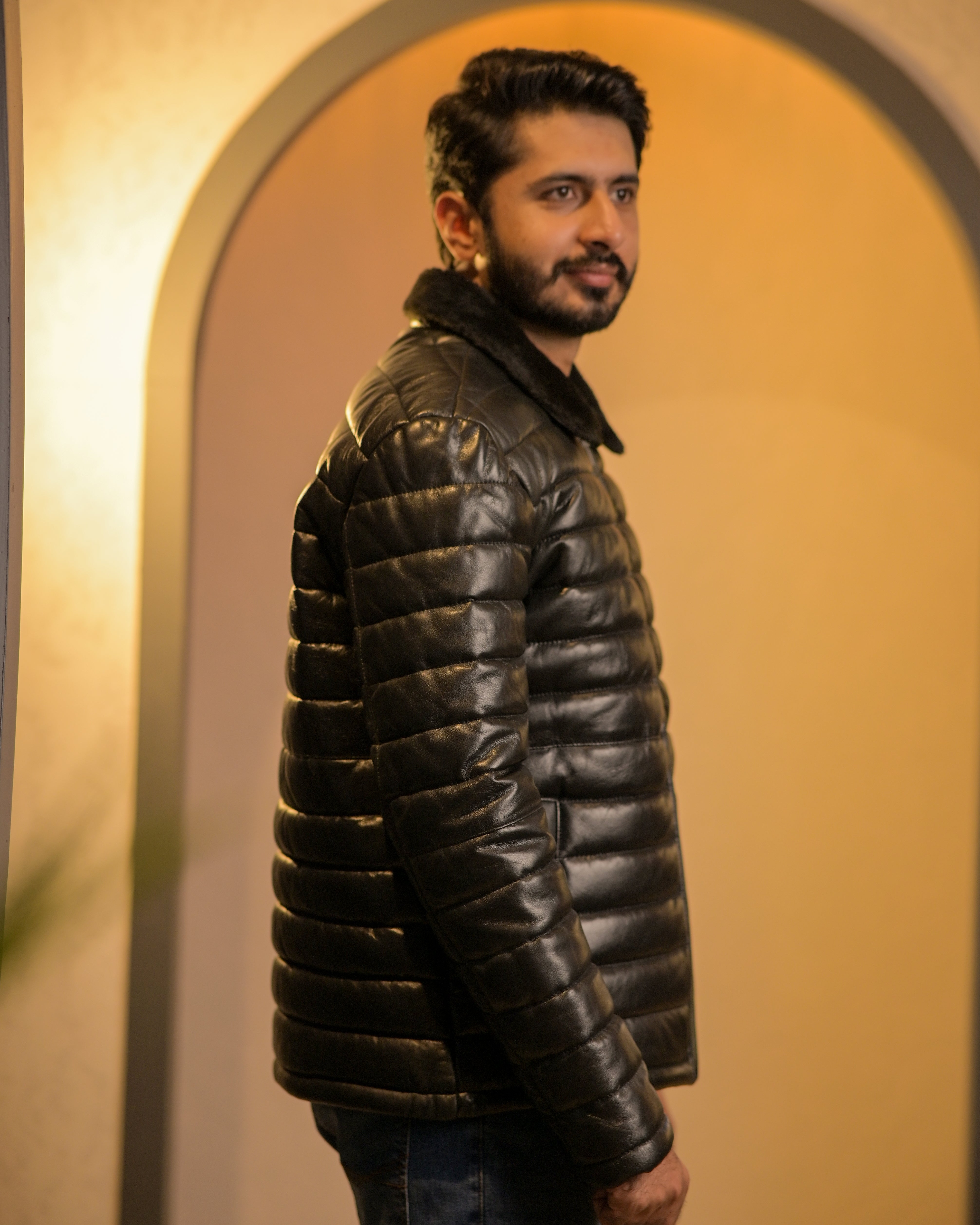 Lamb Skin Leather Puffer Jacket Sf004 (black)