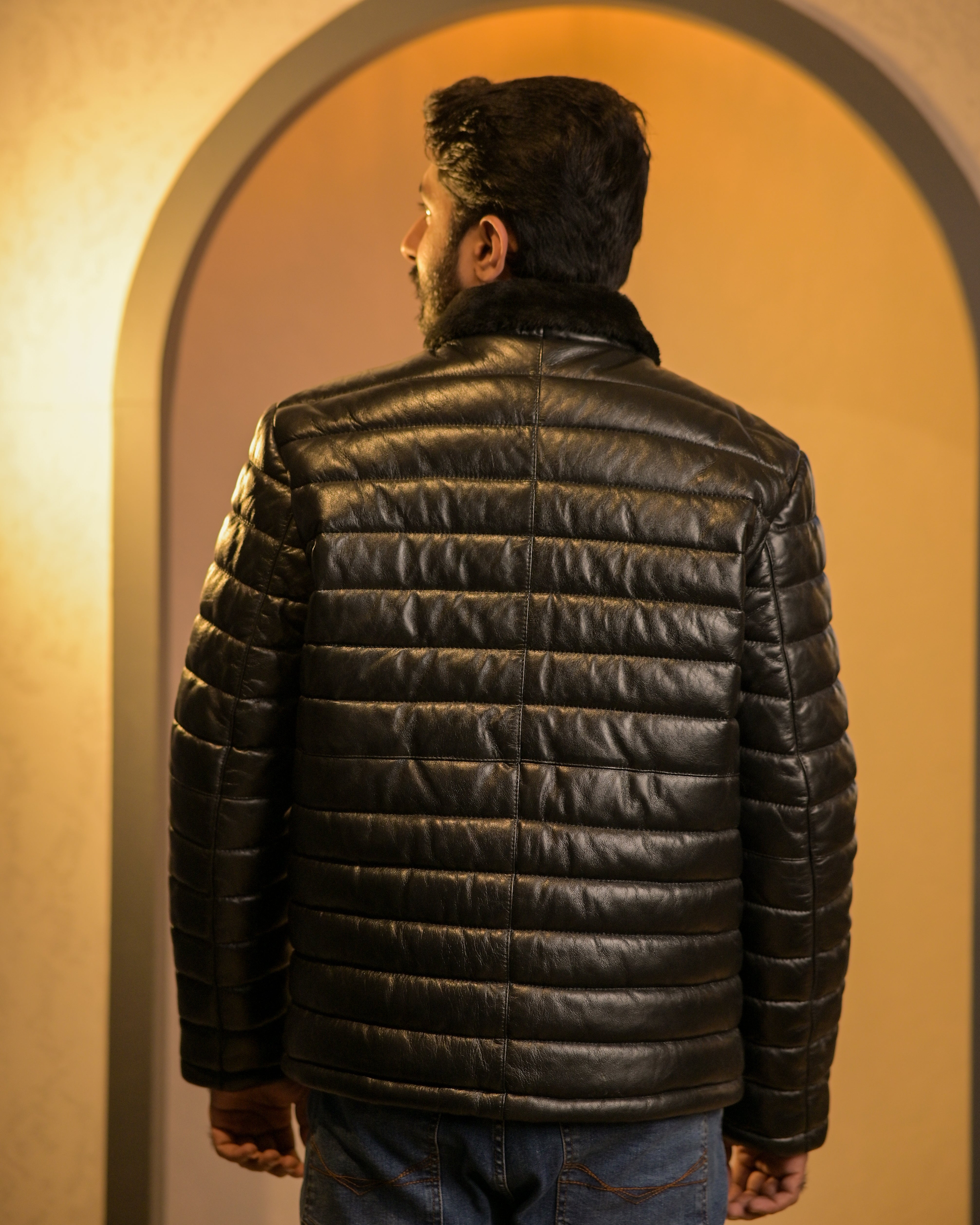 Lamb Skin Leather Puffer Jacket Sf004 (black)