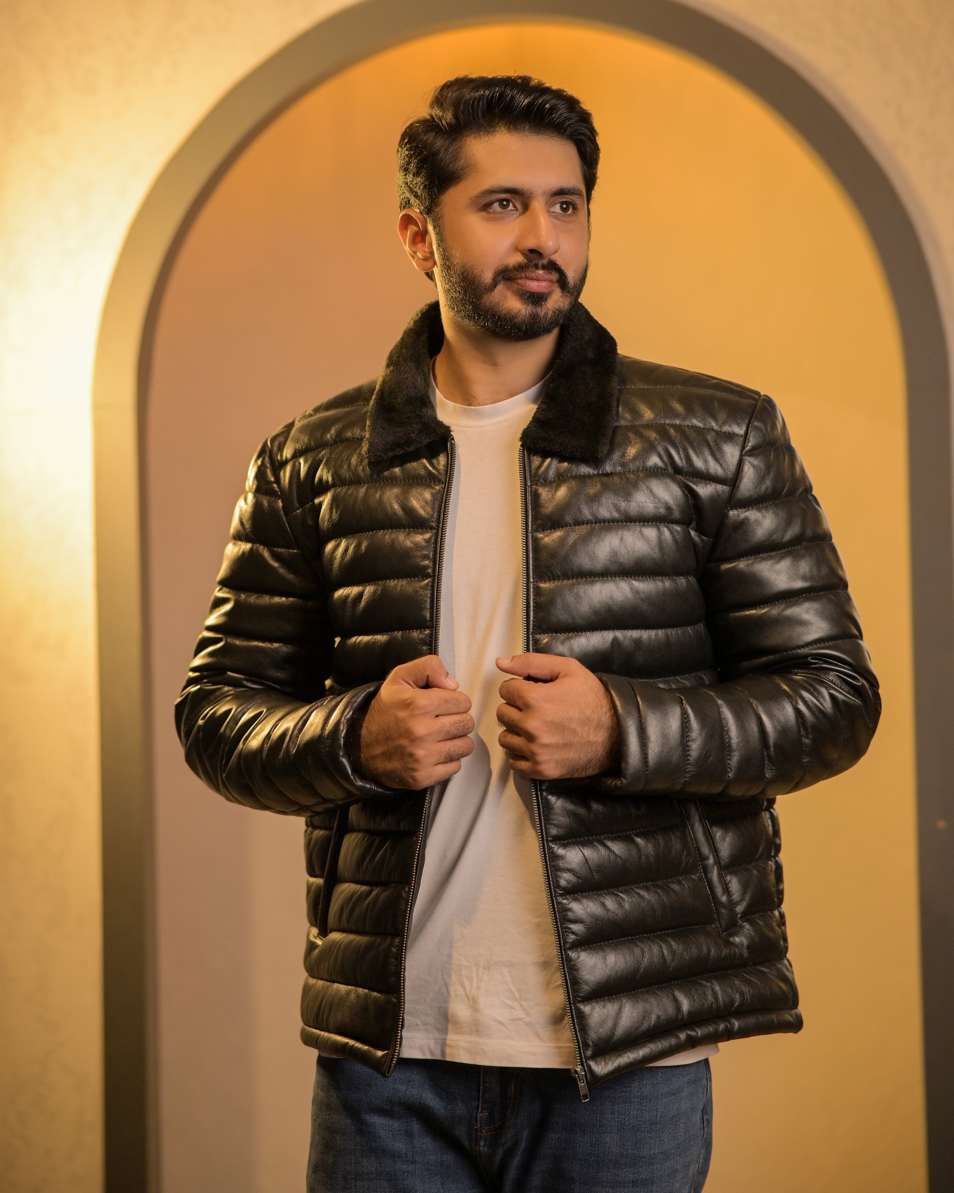 Lamb Skin Leather Puffer Jacket Sf004 (black)