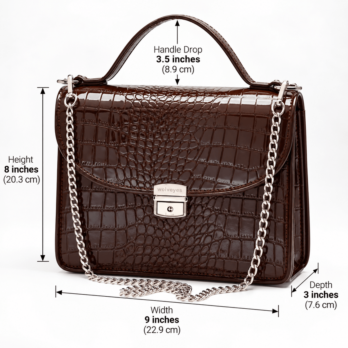 Crocodile Patent Leather Hand Bag Pb02 Brown