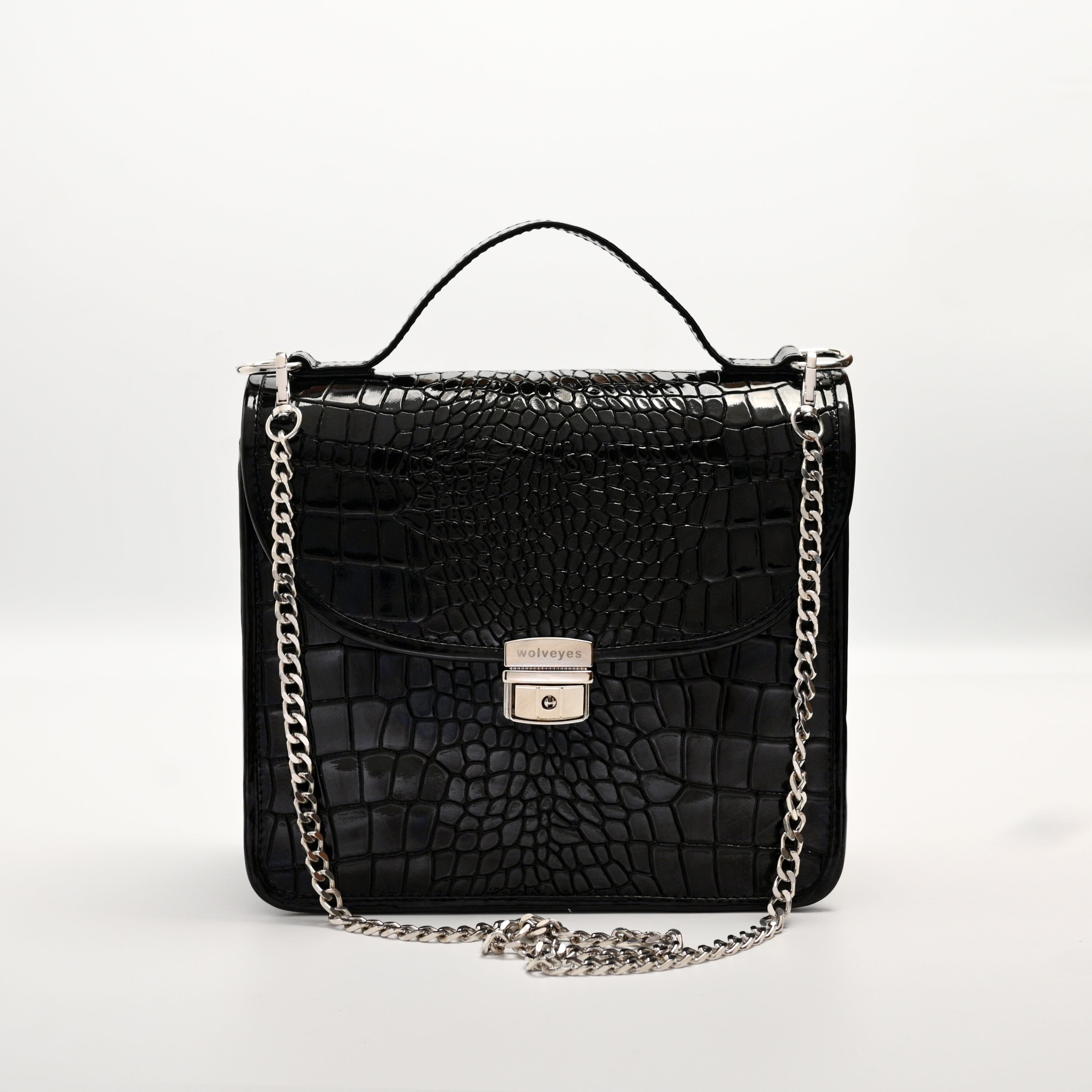Crocodile Pattent Leather Hand Bag Black