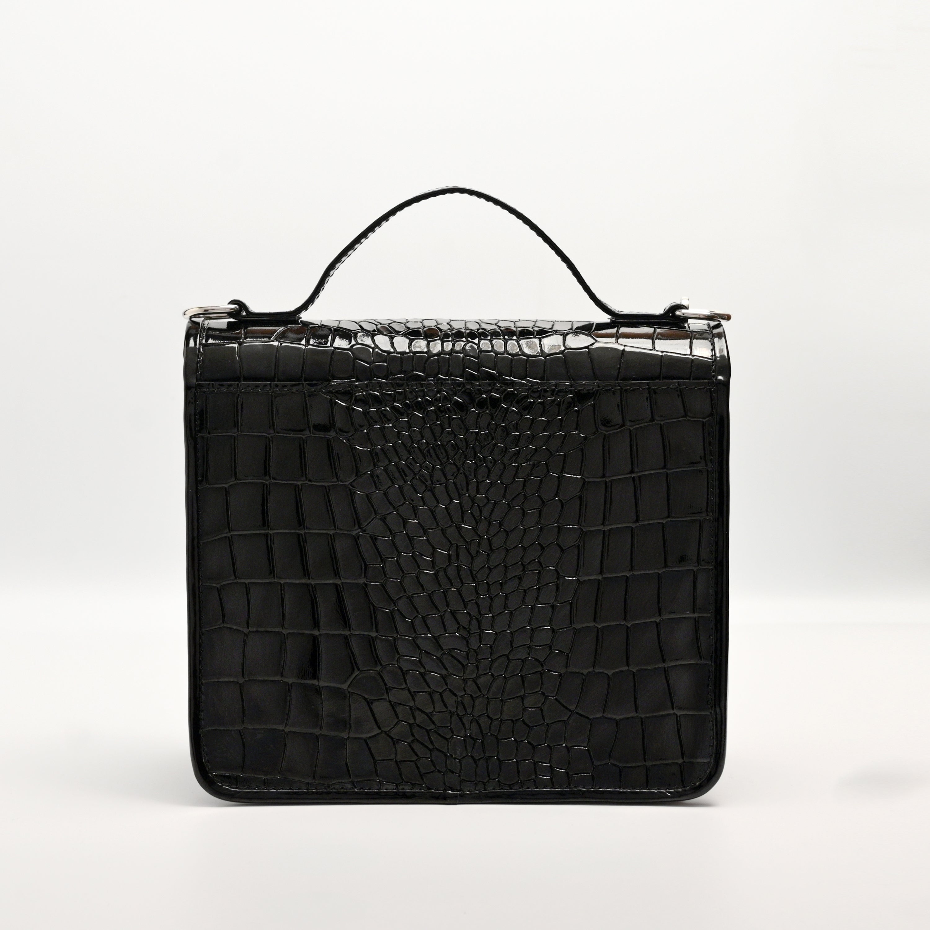 Crocodile Pattent Leather Hand Bag Black