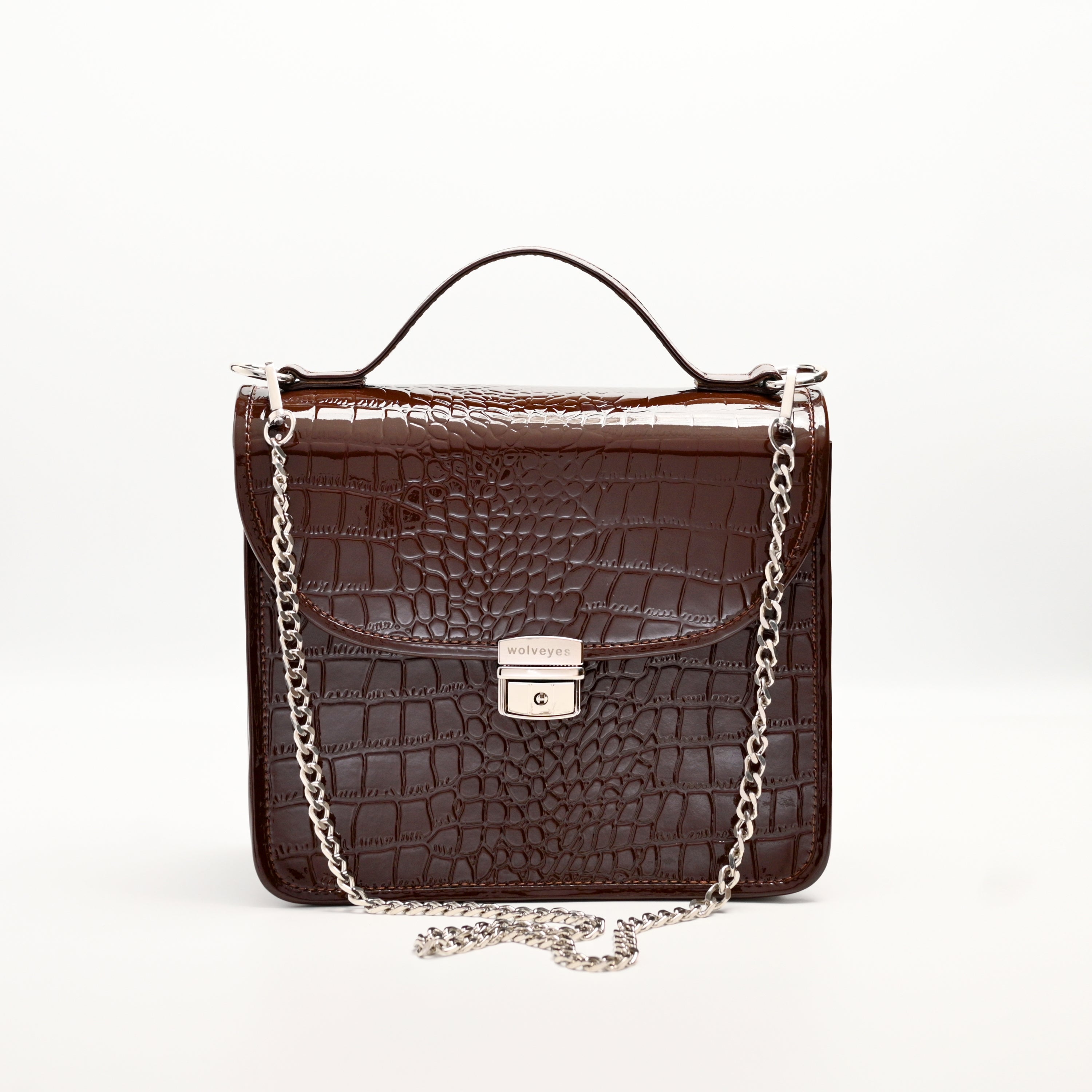 Crocodile Pattent Leather Hand Bag Brown
