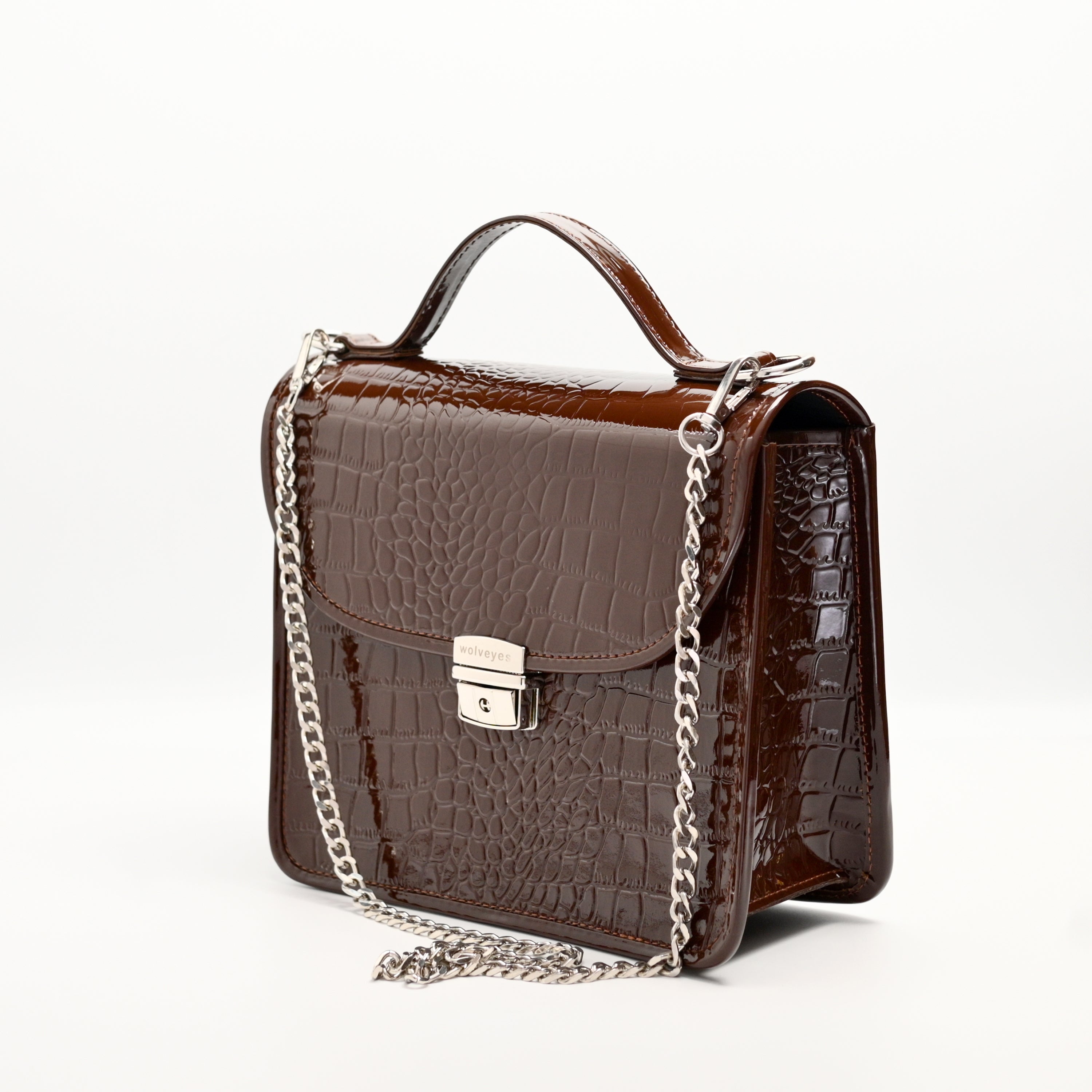 Crocodile Pattent Leather Hand Bag Brown