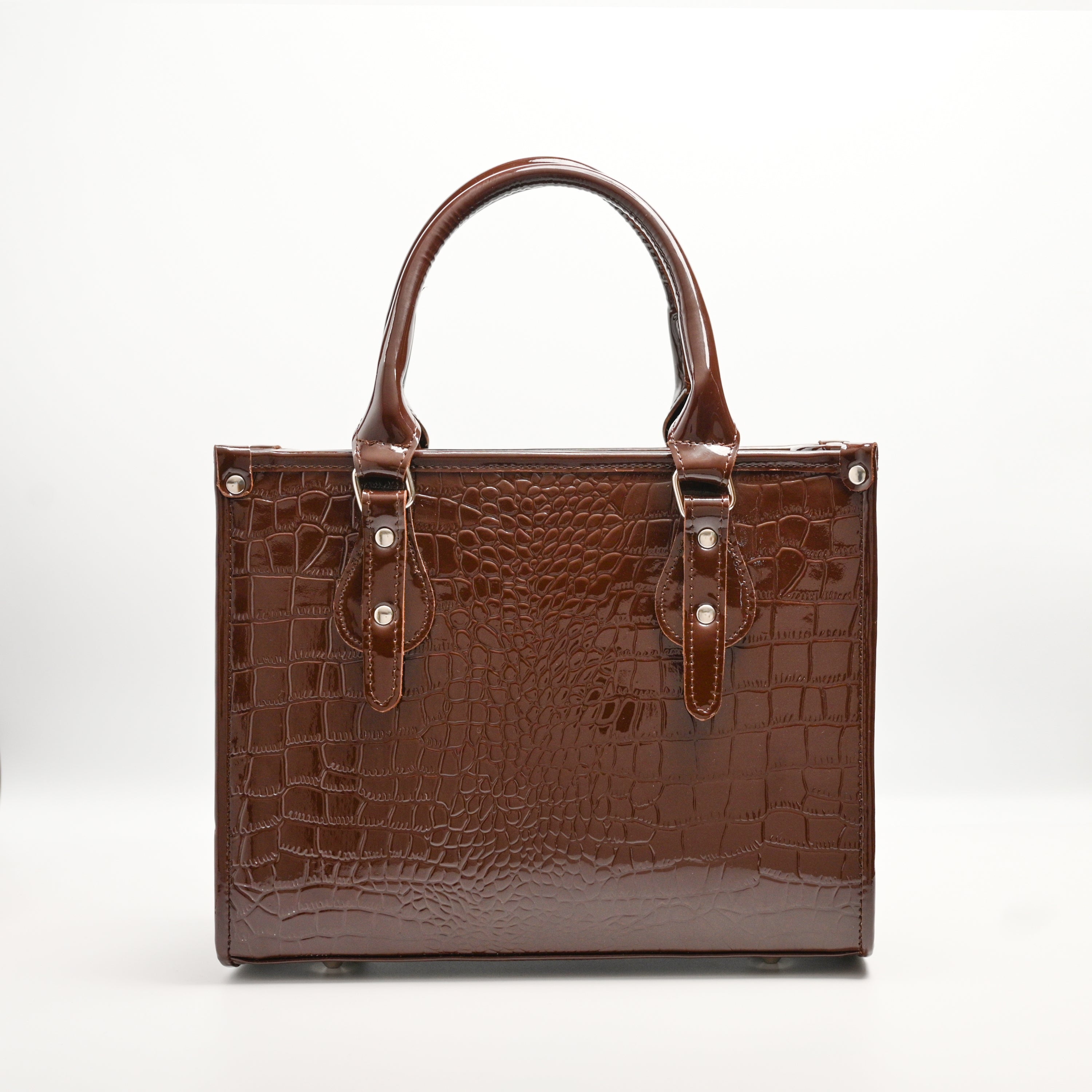 Crocodile Pattent Leather Tote Bag Brown