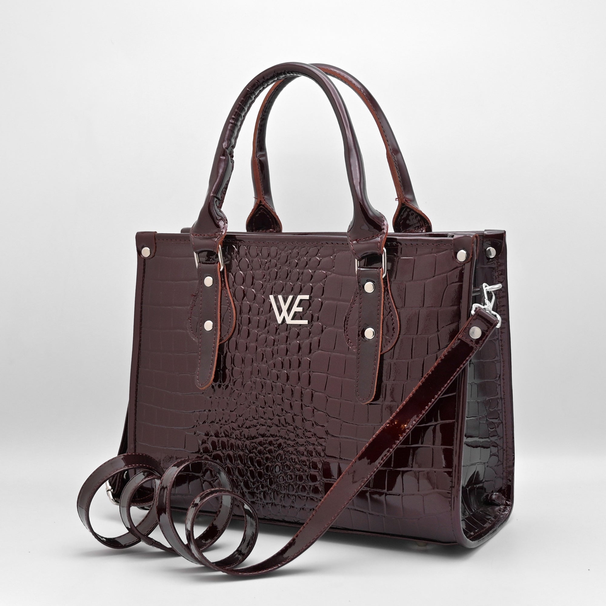 Crocodile Pattent Leather Tote Bag (Mehroon)