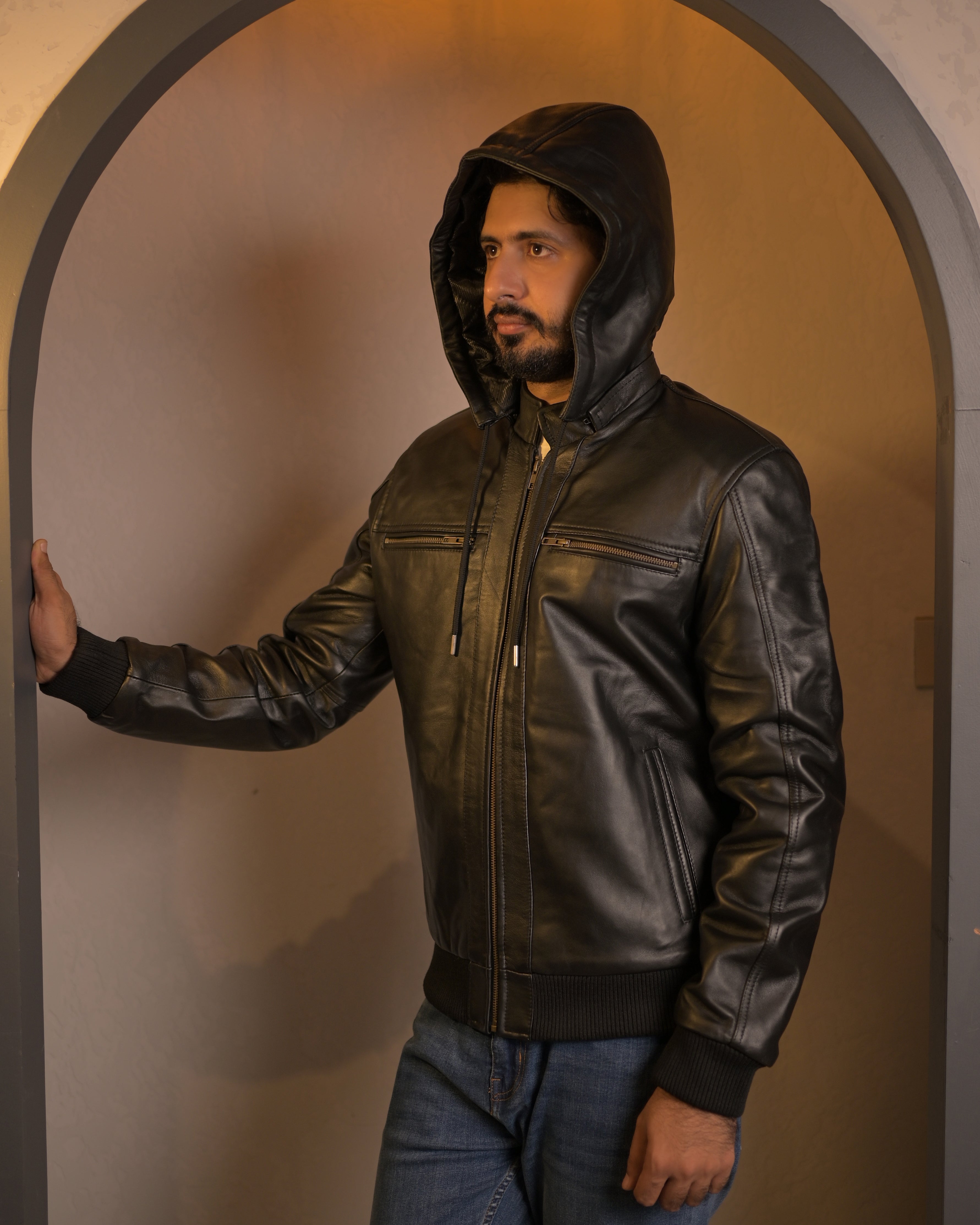 Hooded Leather Bomber Jacket SF002H