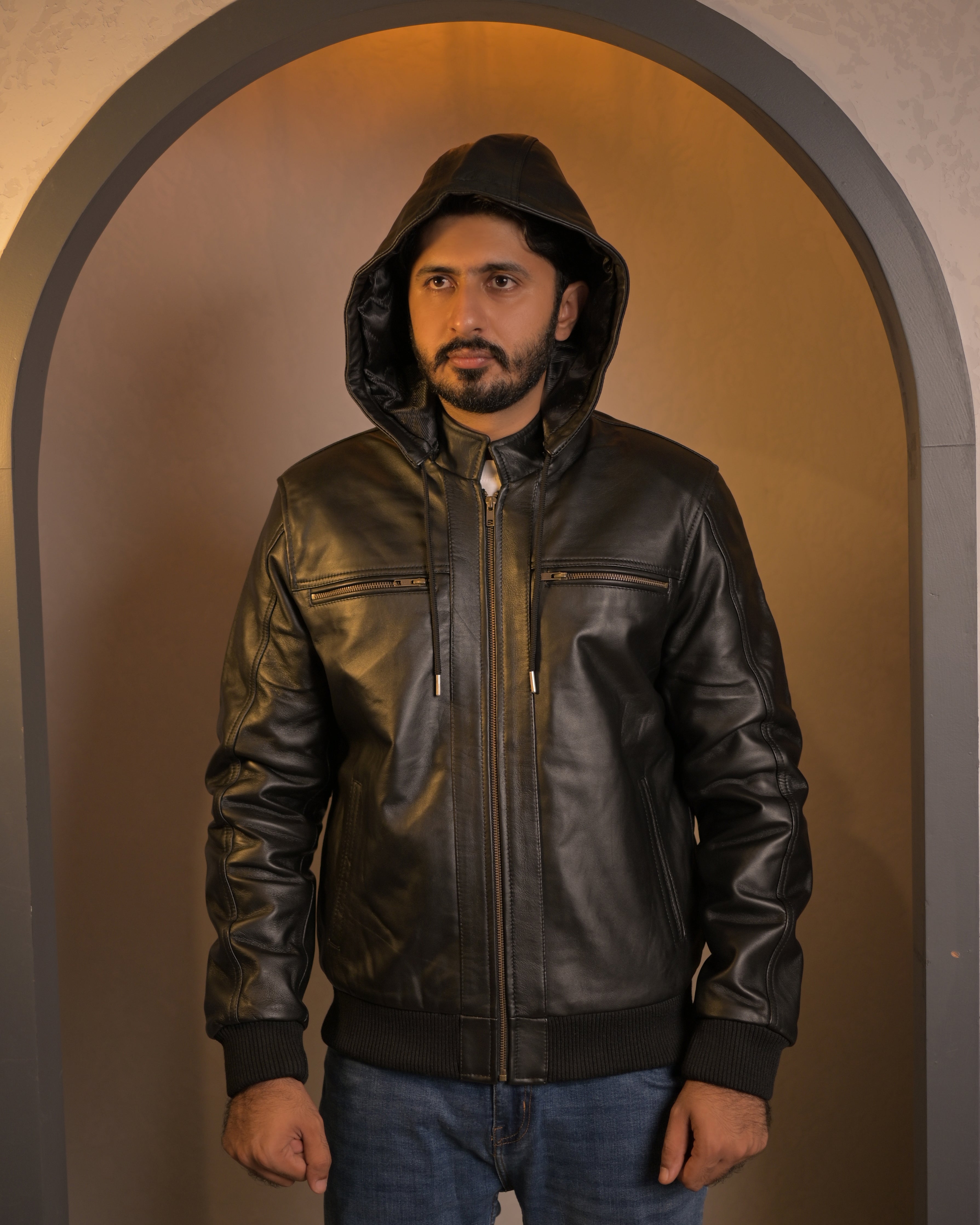 Hooded Leather Bomber Jacket SF002H