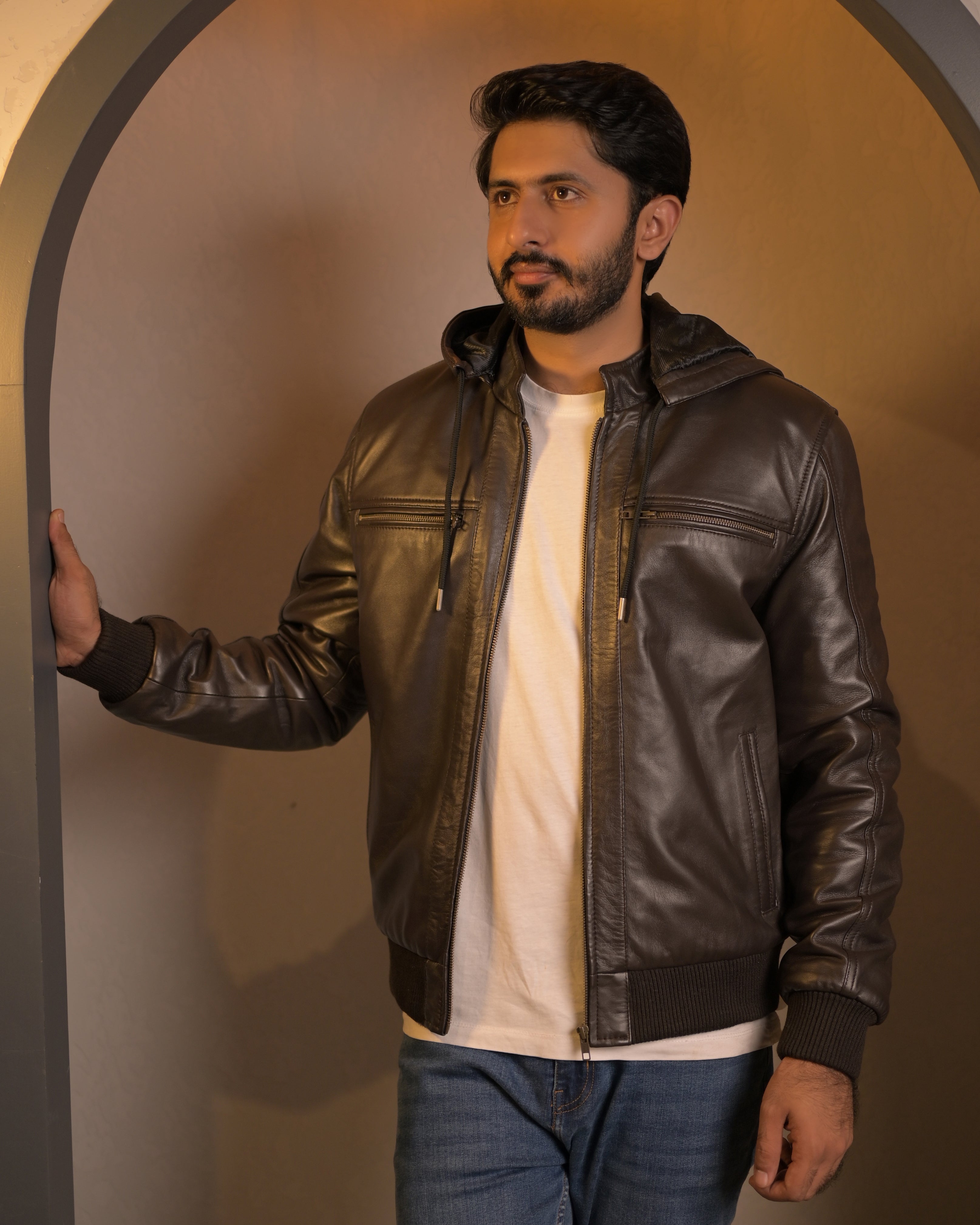 Hooded Leather Bomber Jacket SF002H (Brown)