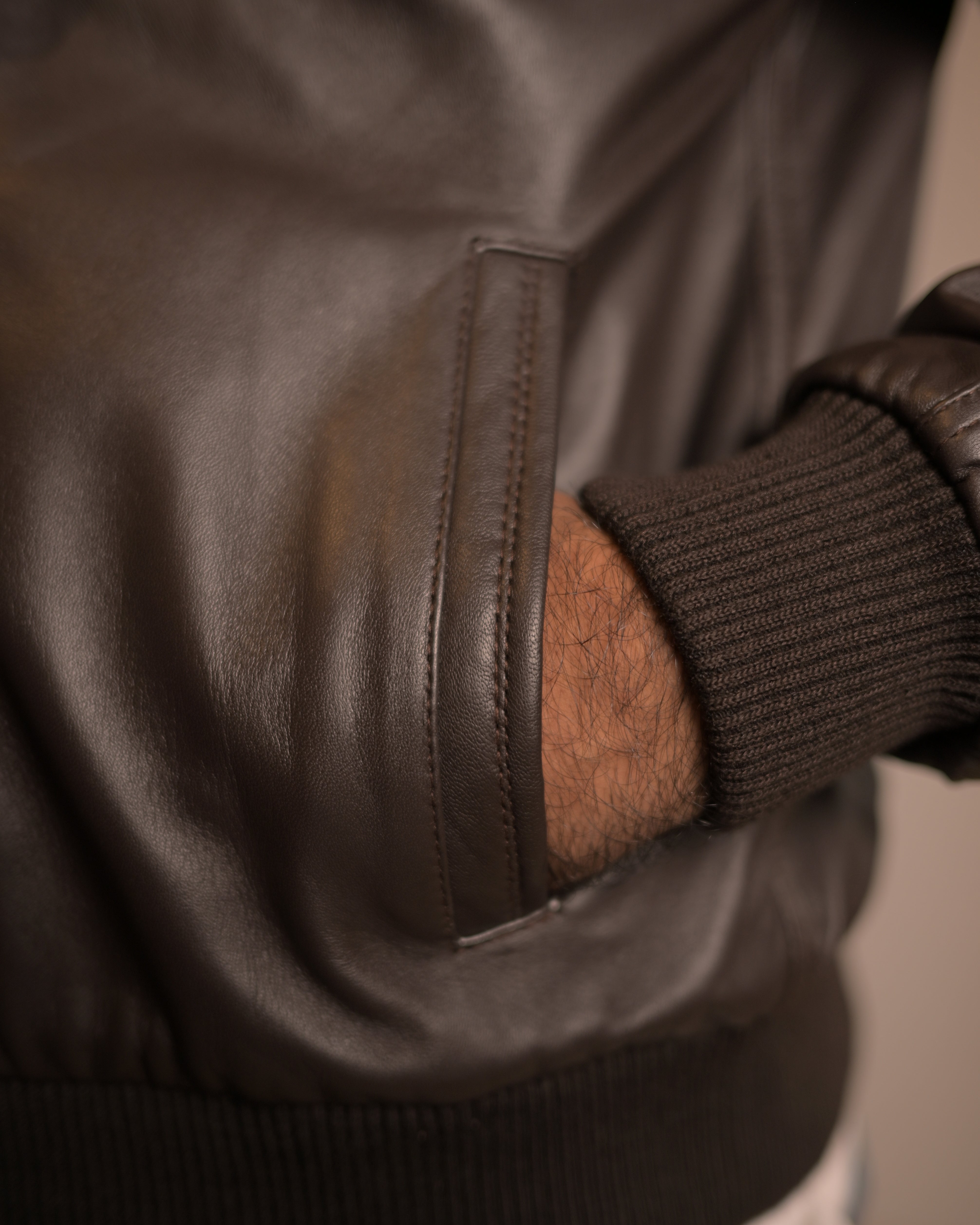 Hooded Leather Bomber Jacket SF002H (Brown)