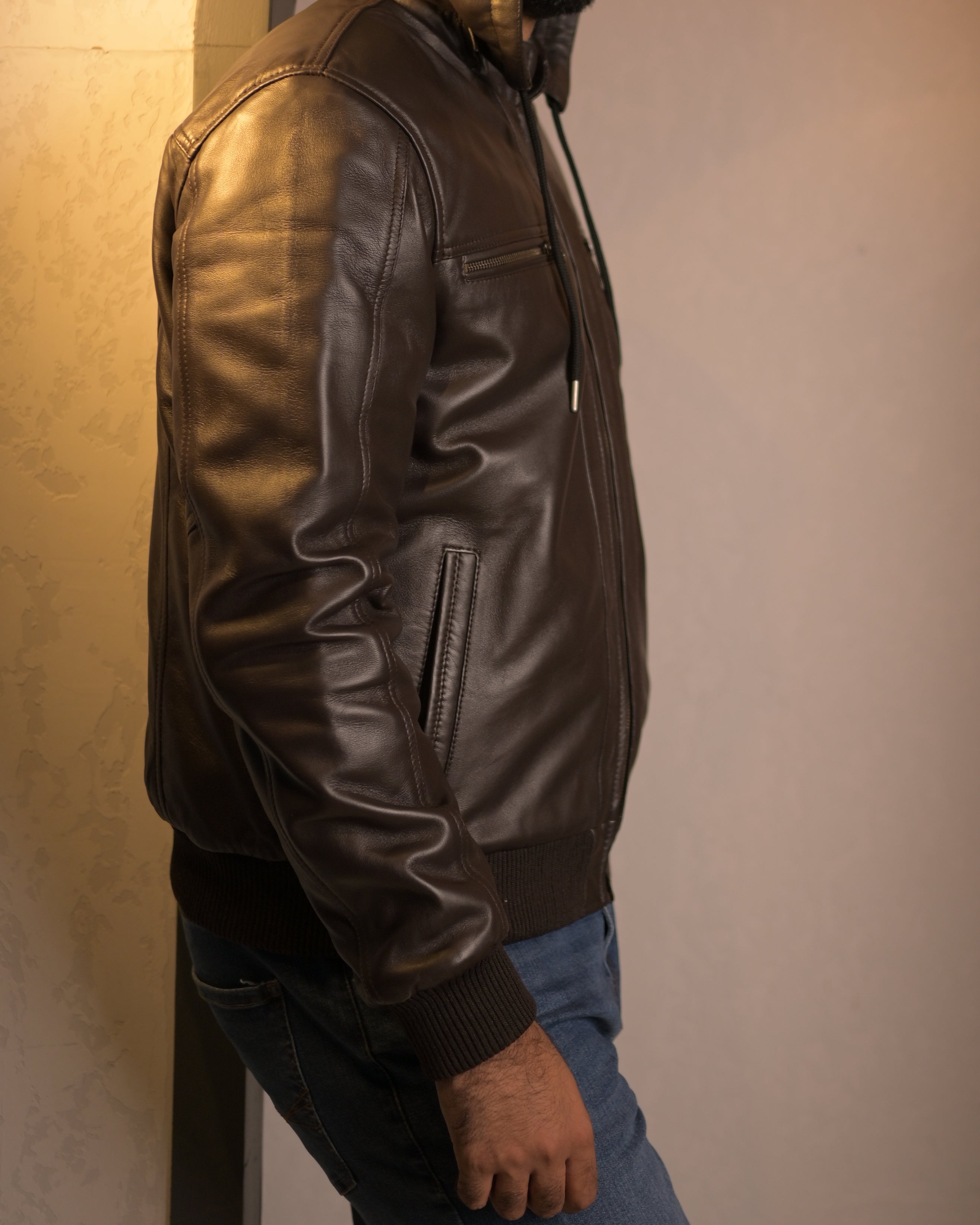 Hooded Leather Bomber Jacket SF002H (Brown)
