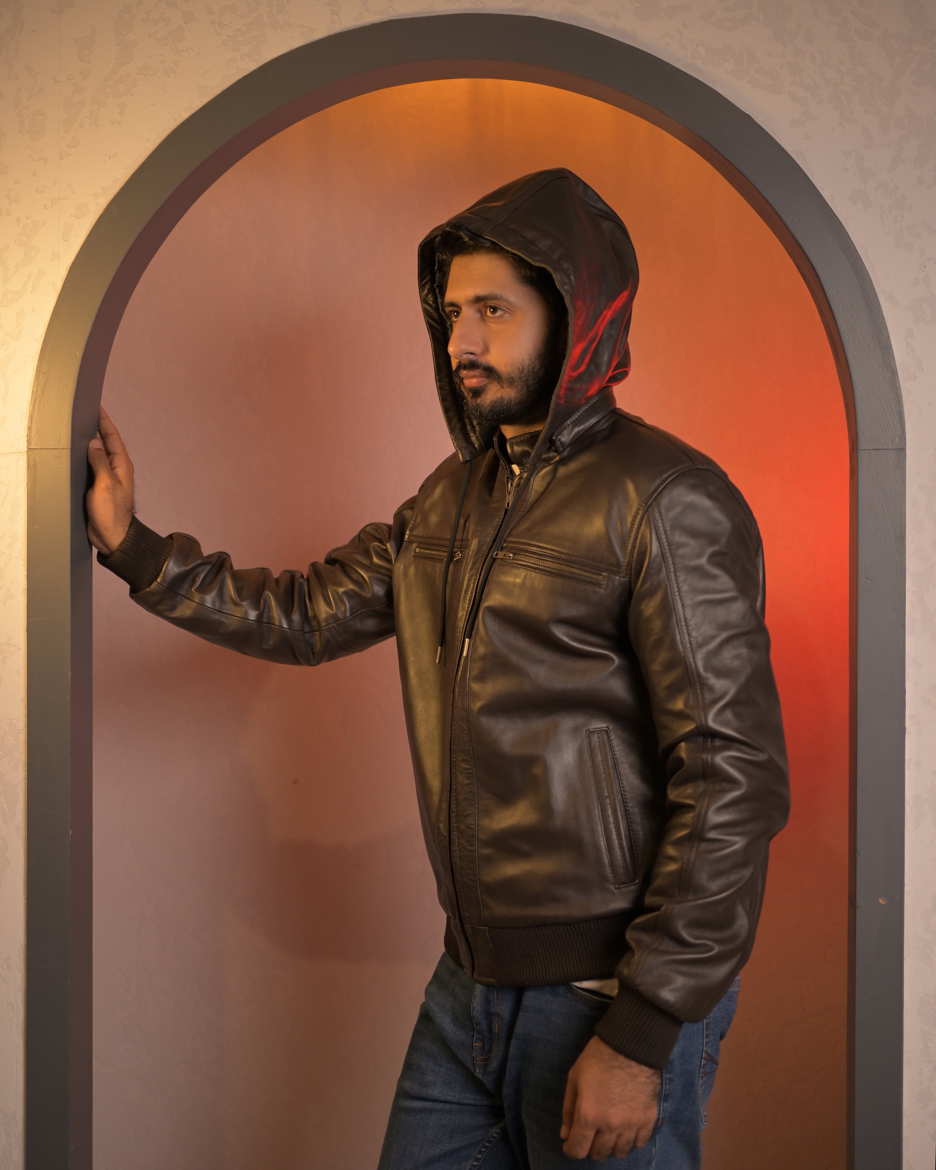 Hooded Leather Bomber Jacket SF002H (Brown)