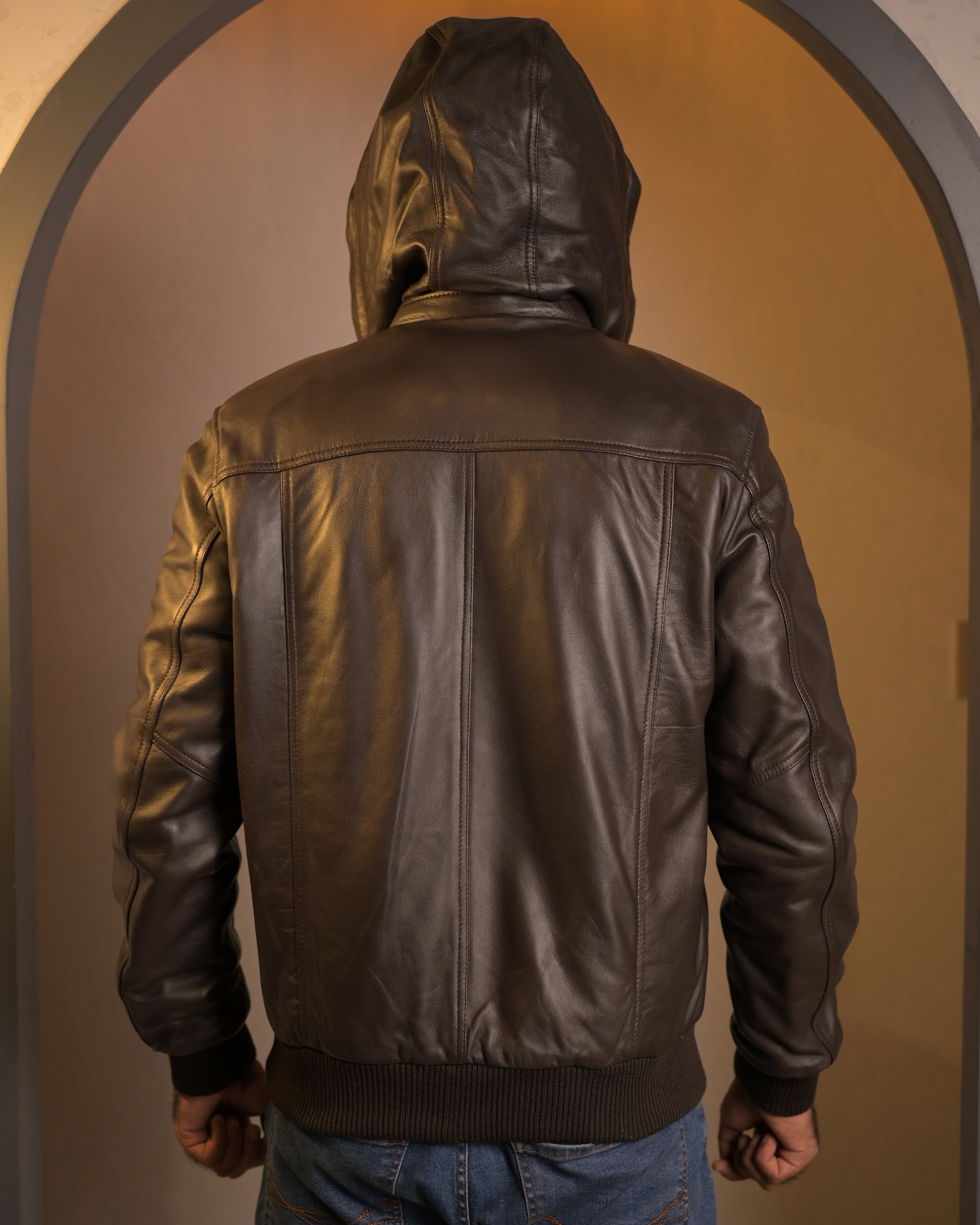 Hooded Leather Bomber Jacket SF002H (Brown)