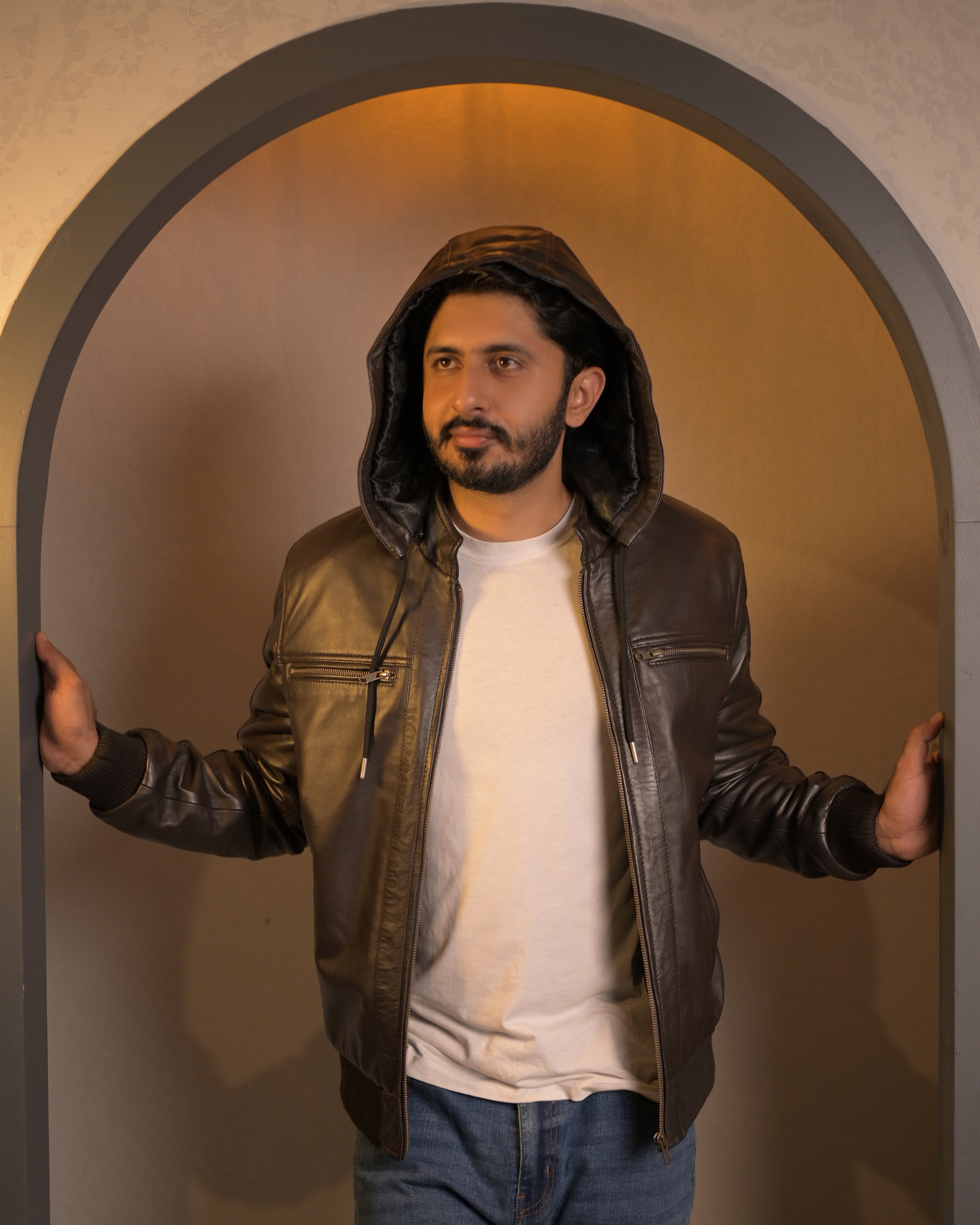 Hooded Leather Bomber Jacket SF002H (Brown)