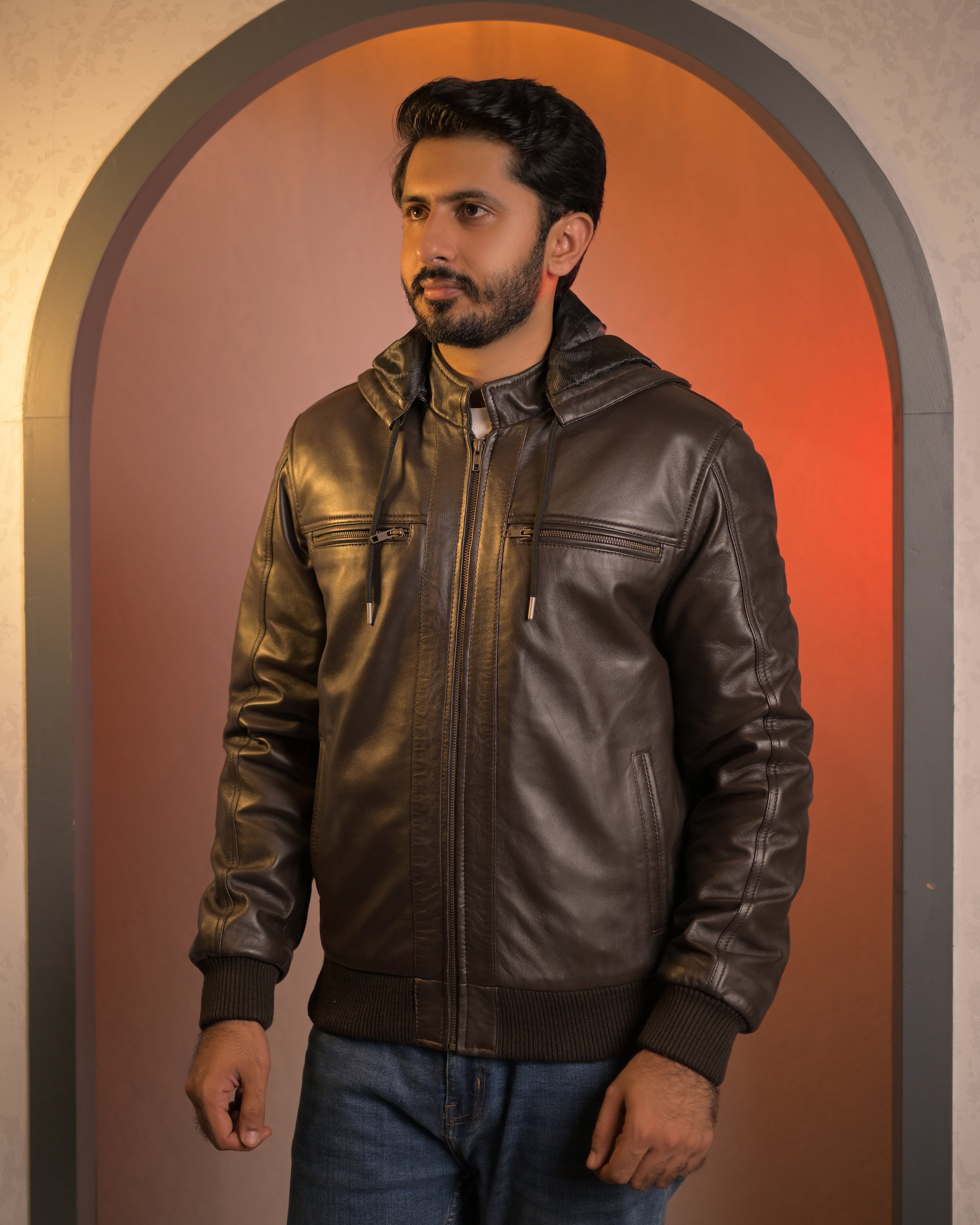 Hooded Leather Bomber Jacket SF002H (Brown)