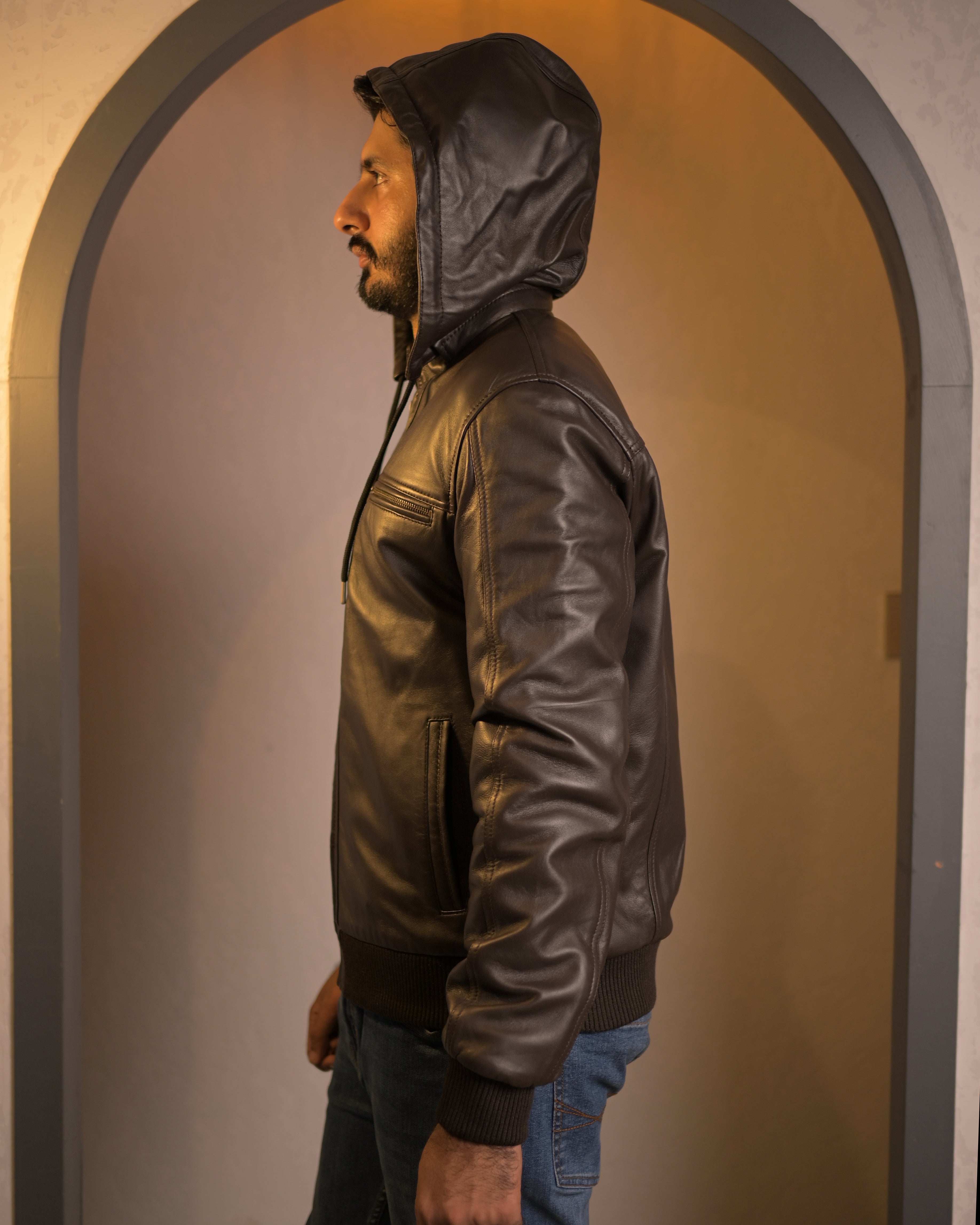 Hooded Leather Bomber Jacket SF002H (Brown)