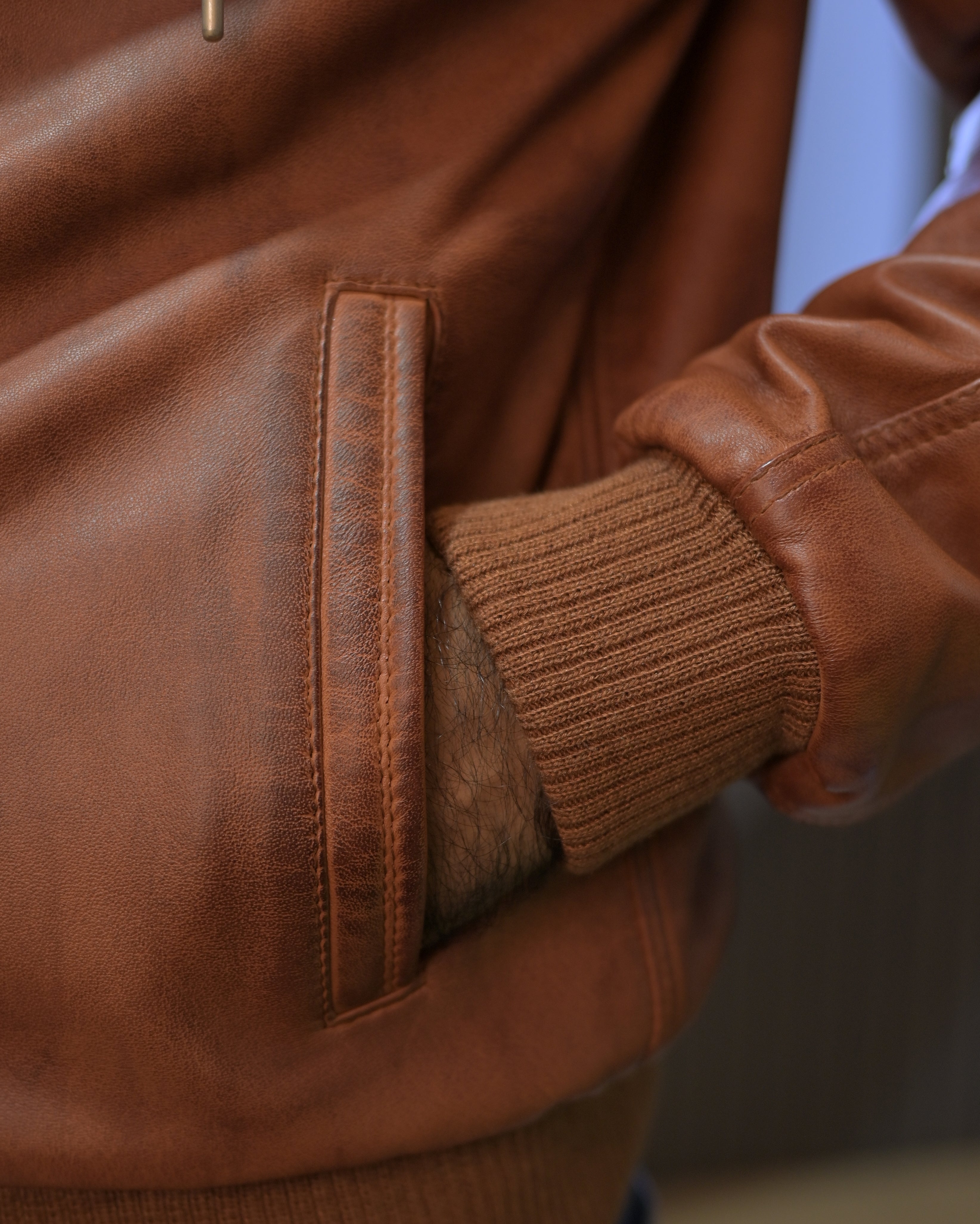 Hooded Leather Bomber Jacket SF002H (ionic Brown)