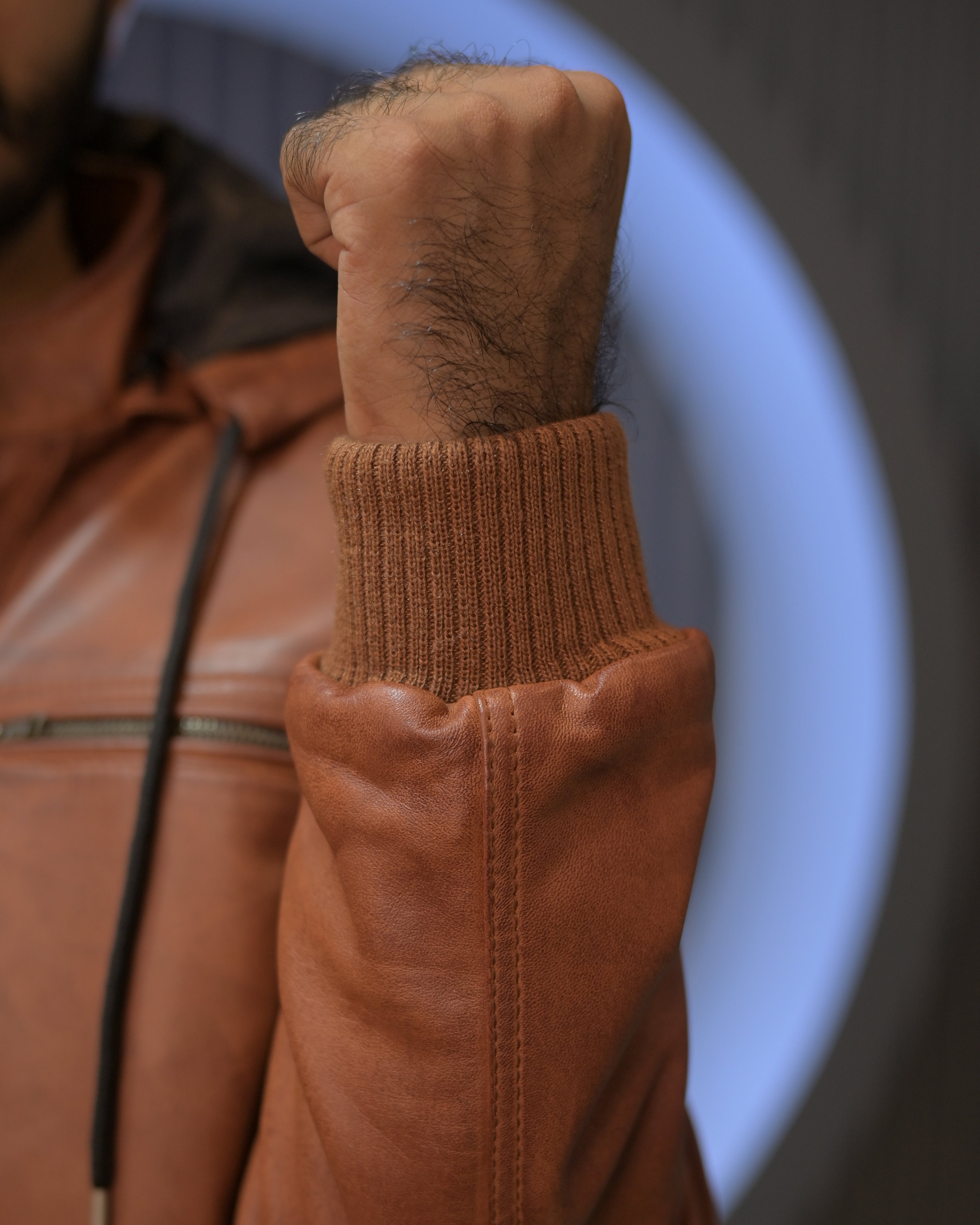 Hooded Leather Bomber Jacket SF002H (ionic Brown)