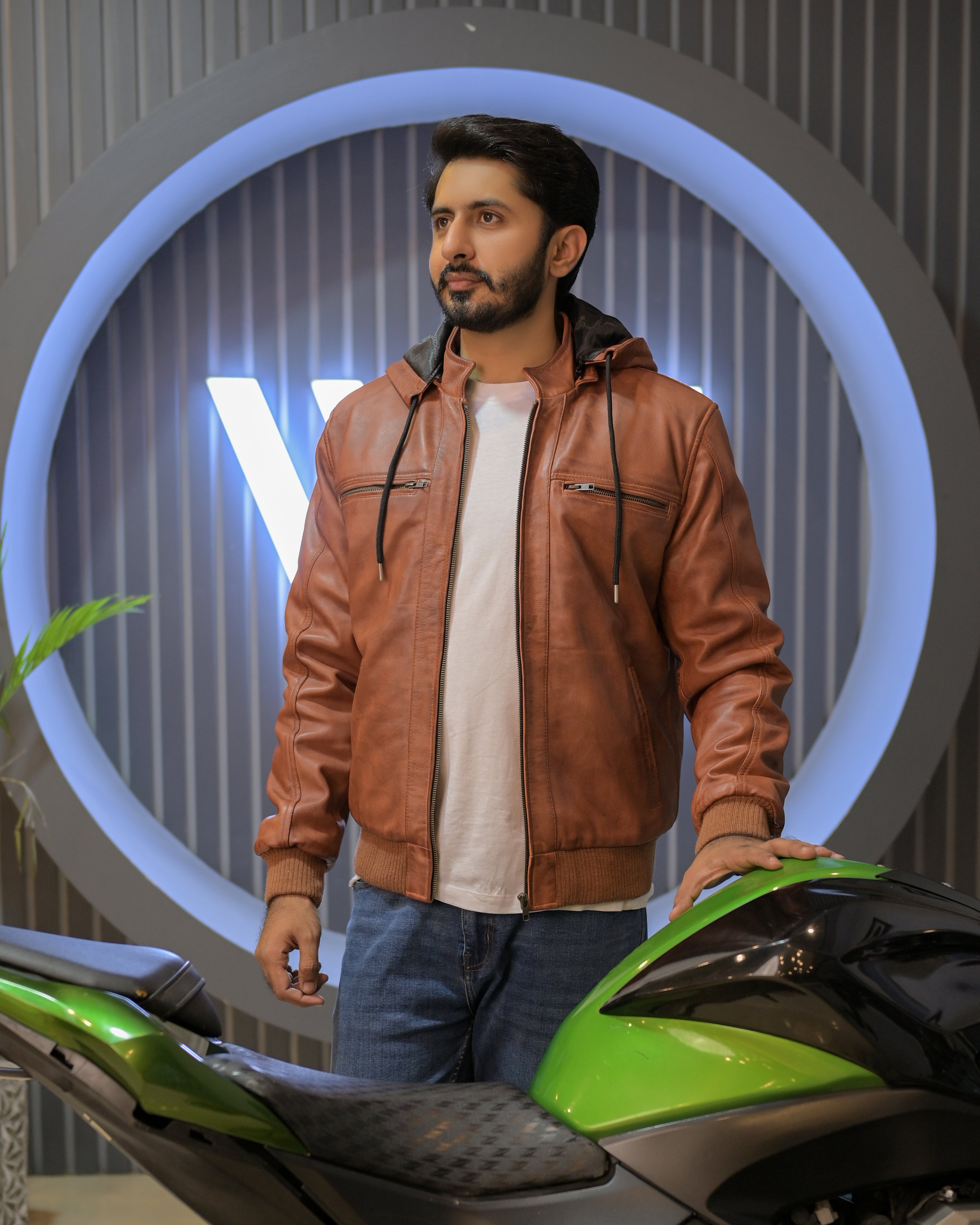Hooded Leather Bomber Jacket SF002H (ionic Brown)
