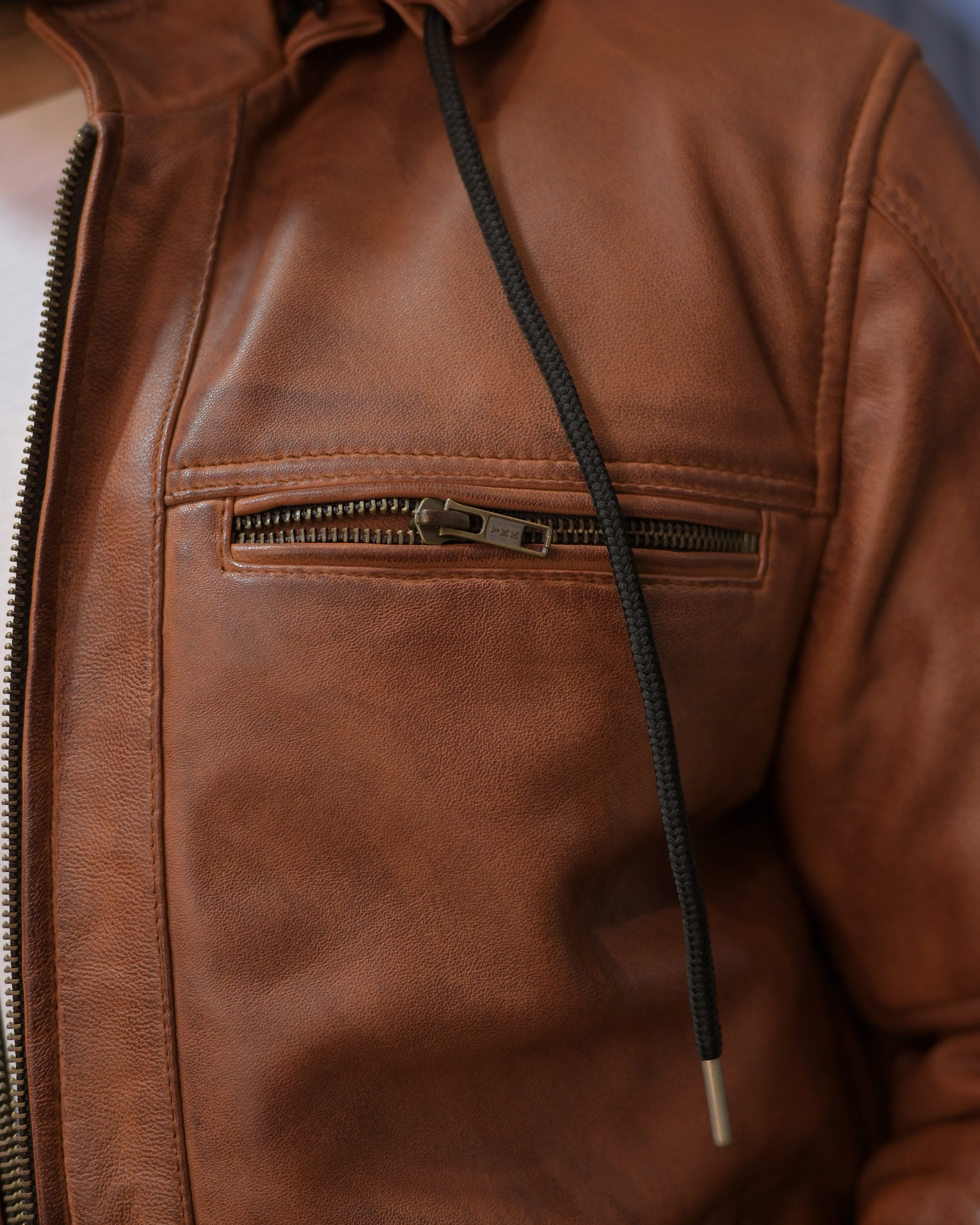 Hooded Leather Bomber Jacket SF002H (ionic Brown)