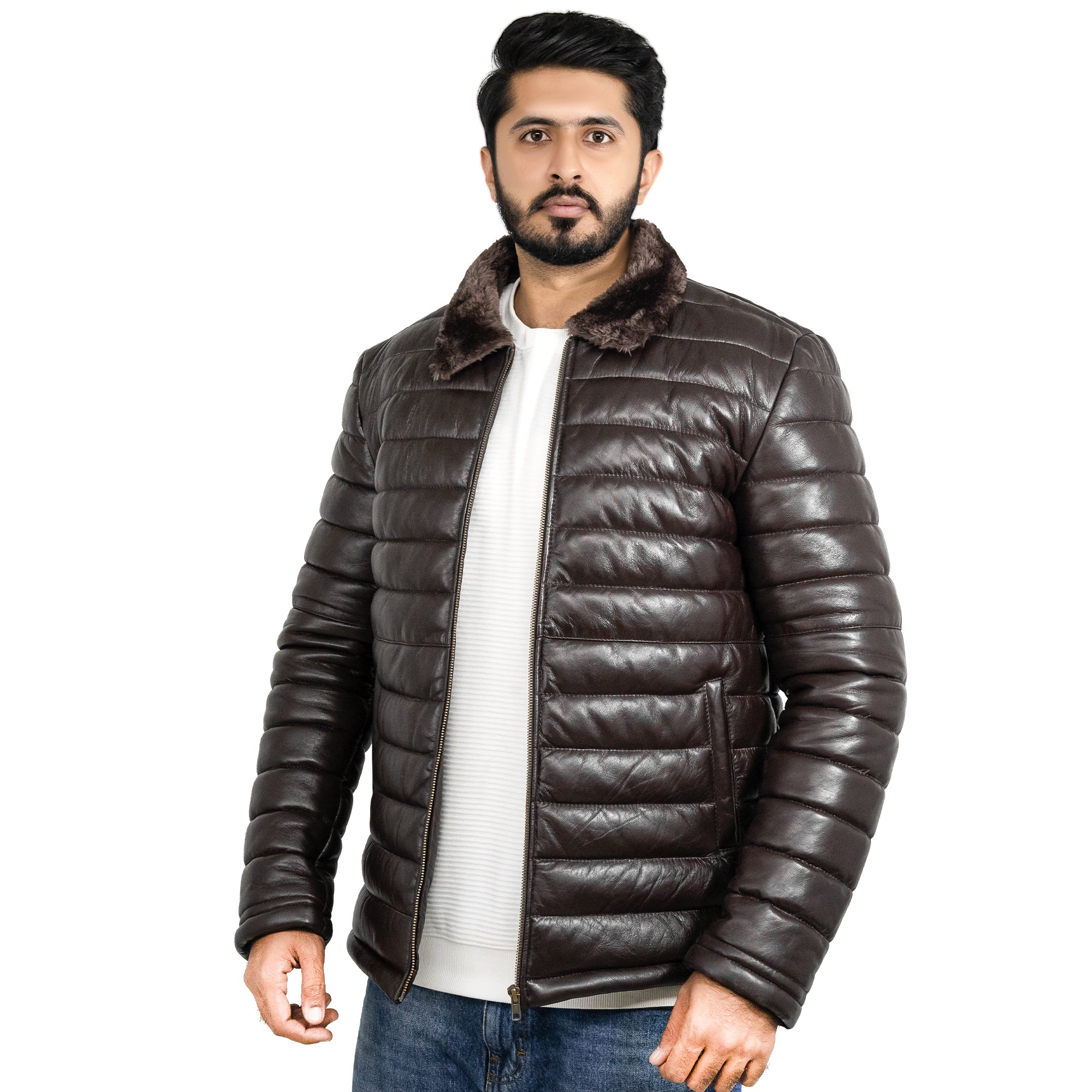Lamb Skin Leather Puffer Jacket | Dark Brown