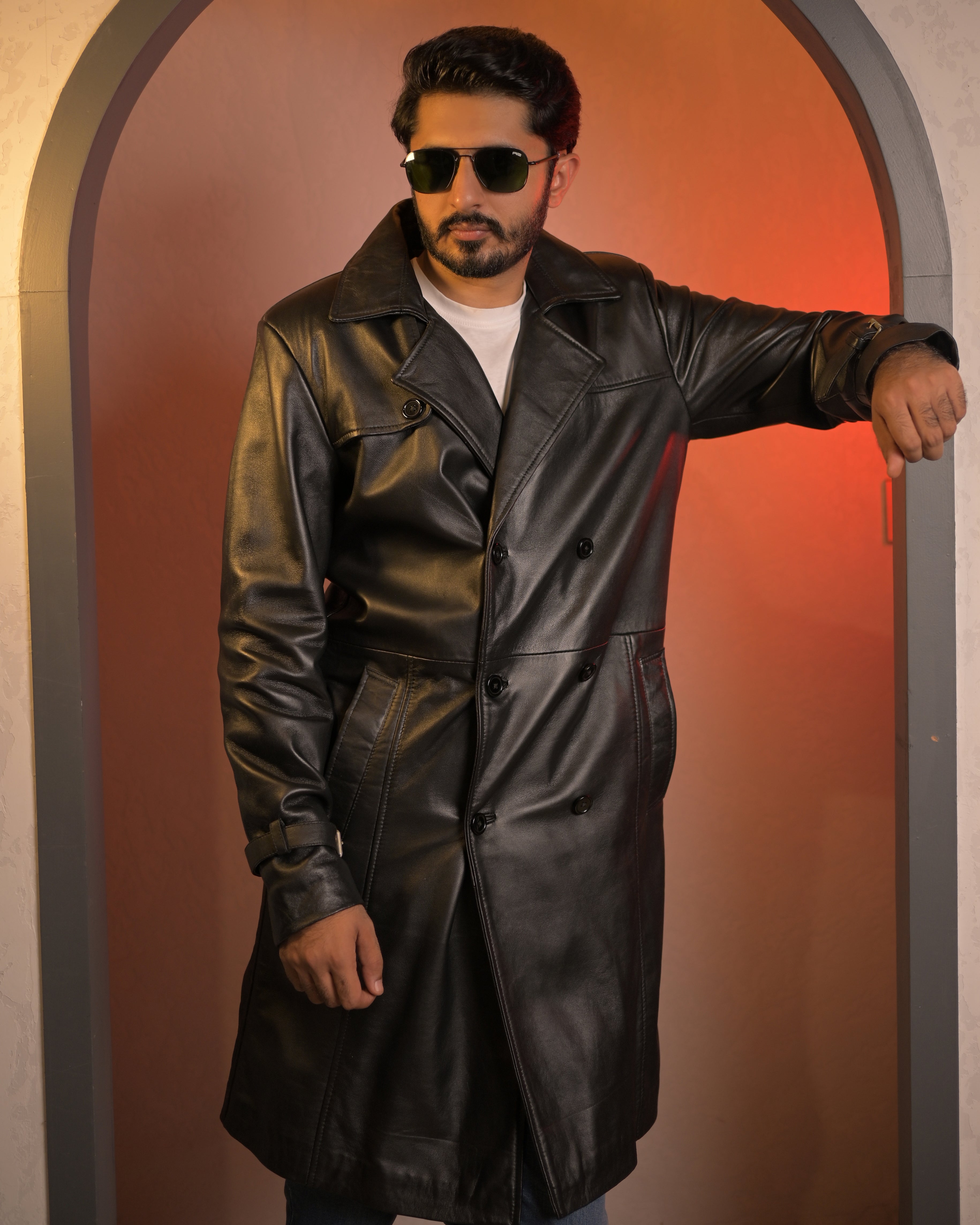 Men's Pure Leather Long Coat – Classic Black Sf15